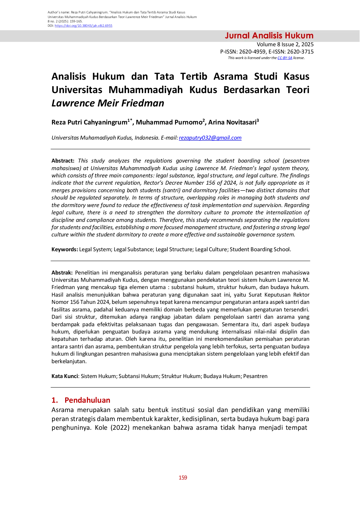 JURIS Analisis Hukum dan Tata Tertib Asrama Studi Kasus Universitas Muhammadiyah Kudus Berdasarkan Teori Lawrence Meir Friedman