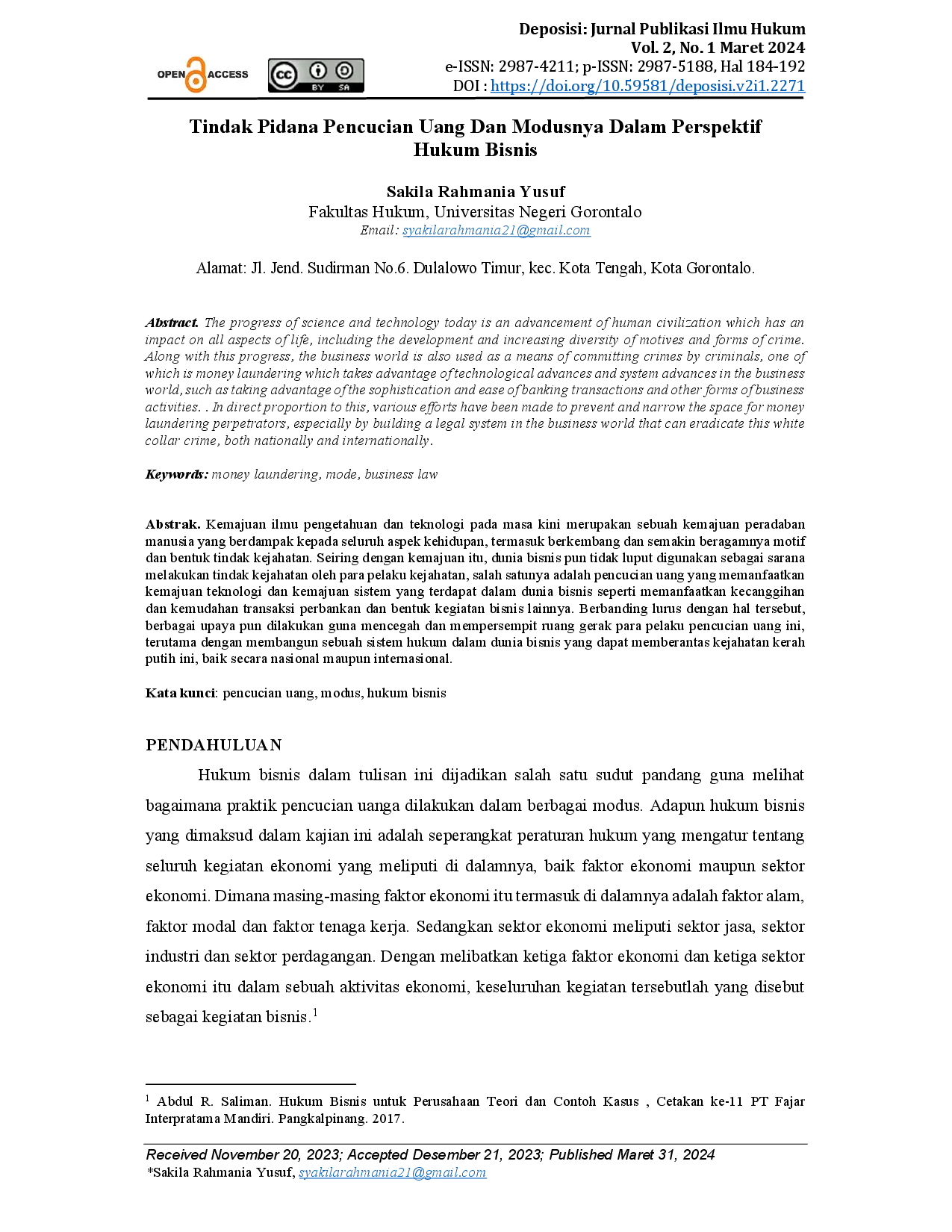 juris Tindak Pidana Pencucian Uang Dan Modusnya Dalam Perspektif Hukum Bisnis