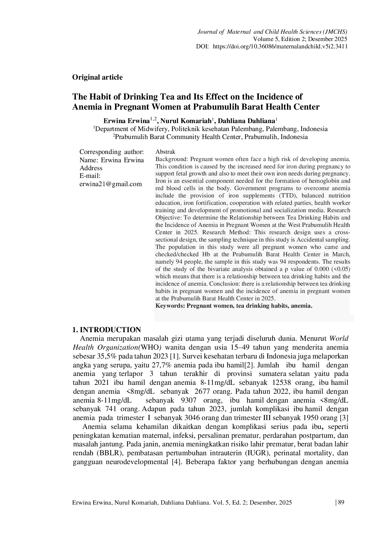 JURIS The Habit of Drinking Tea and Its Association with the Incidence of Anemia among Pregnant Women at West Prabumulih Public Health Center in 2025