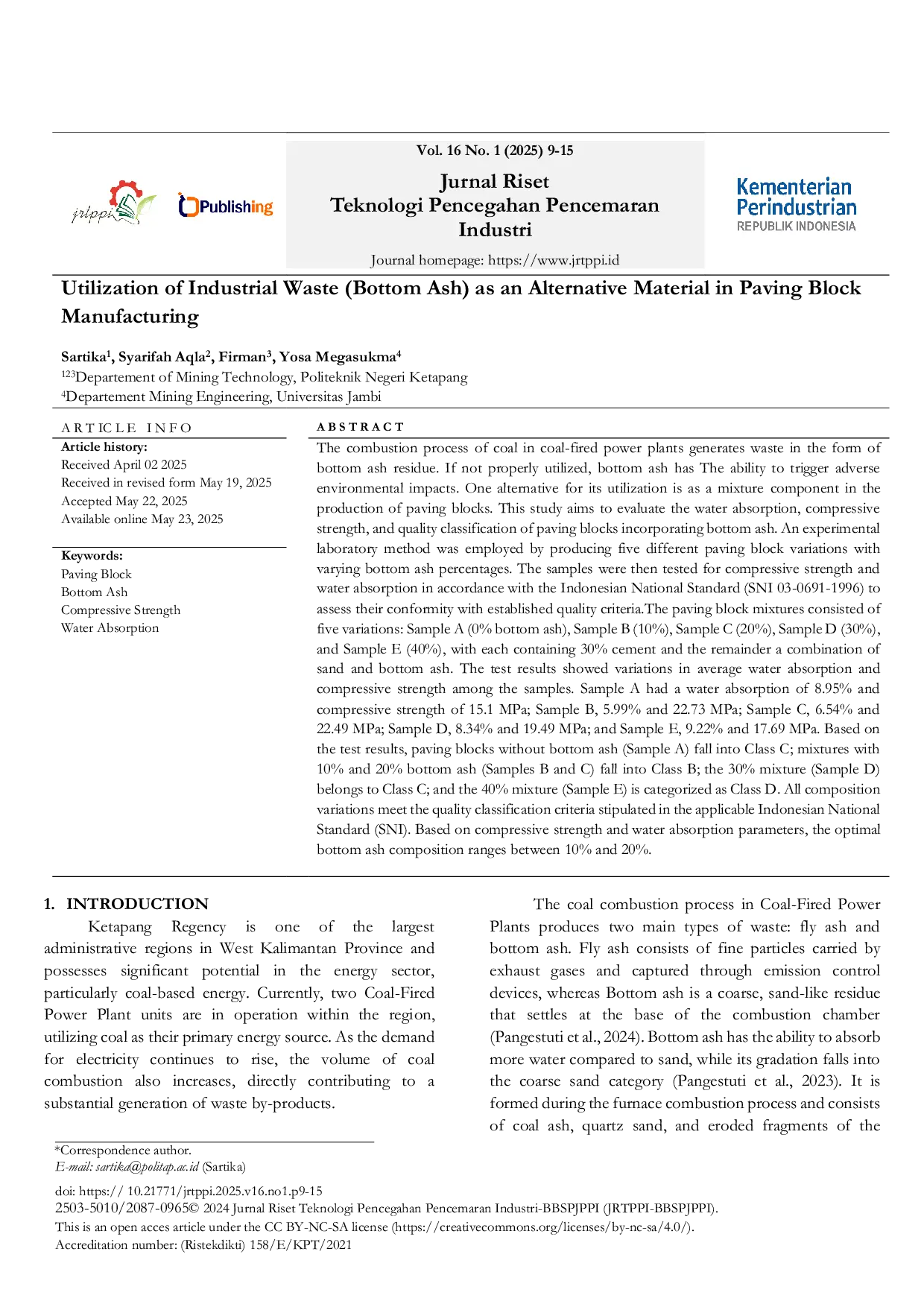 JURIS Utilization of Industrial Waste Bottom Ash as an Alternative Material in Paving Block Manufacturing