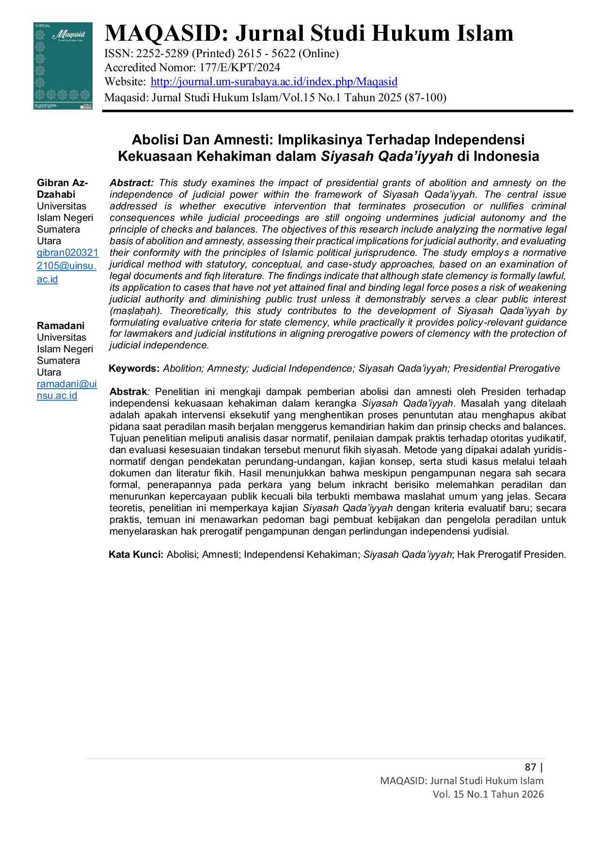 JURIS Abolisi Dan Amnesti Implikasinya Terhadap Independensi Kekuasaan Kehakiman dalam Siyasah Qada iyyah di Indonesia