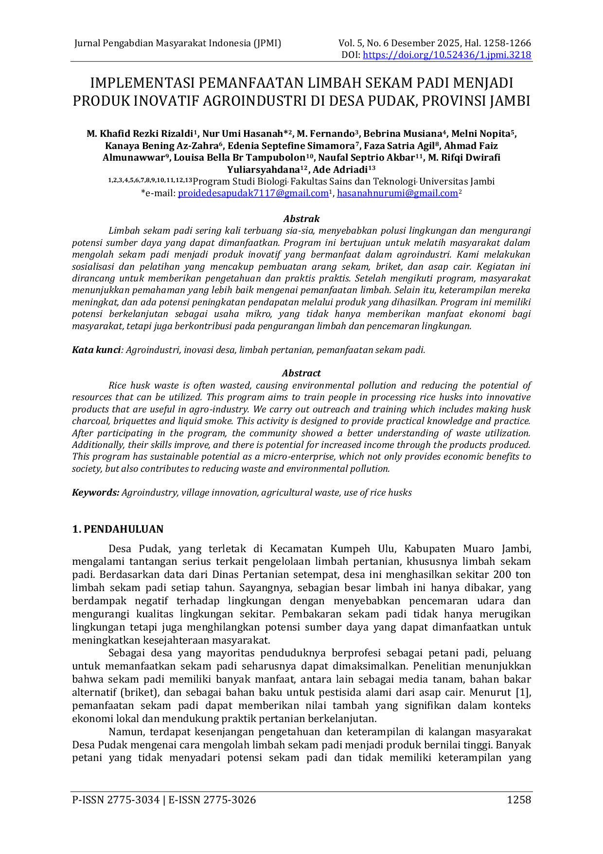 JURIS Implementasi Pemanfaatan Limbah Sekam Padi Menjadi Produk Inovatif Agroindustri di Desa Pudak Provinsi Jambi