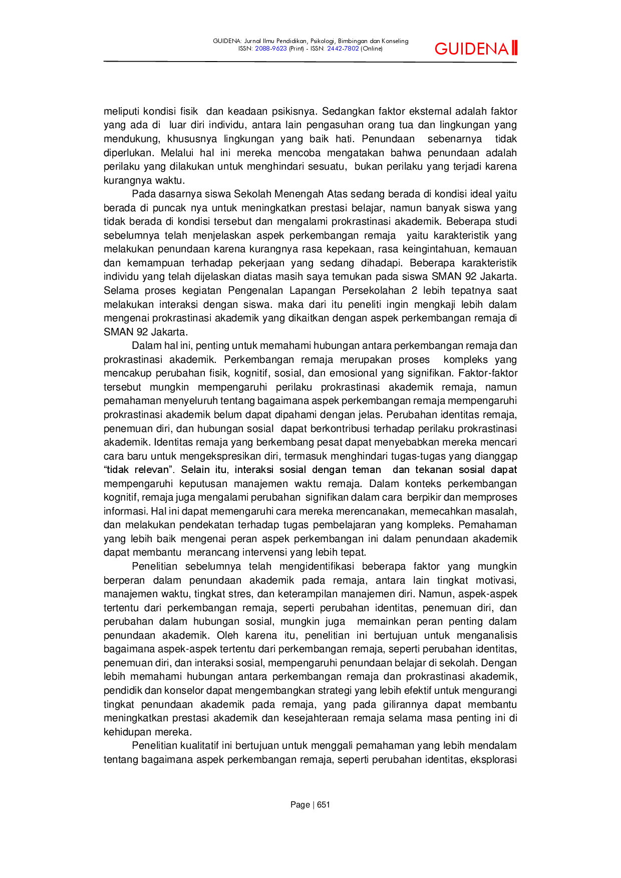 JURIS Analisis Aspek Perkembangan Remaja terhadap Prokrastinasi Akademik Siswa di SMAN 92 Jakarta