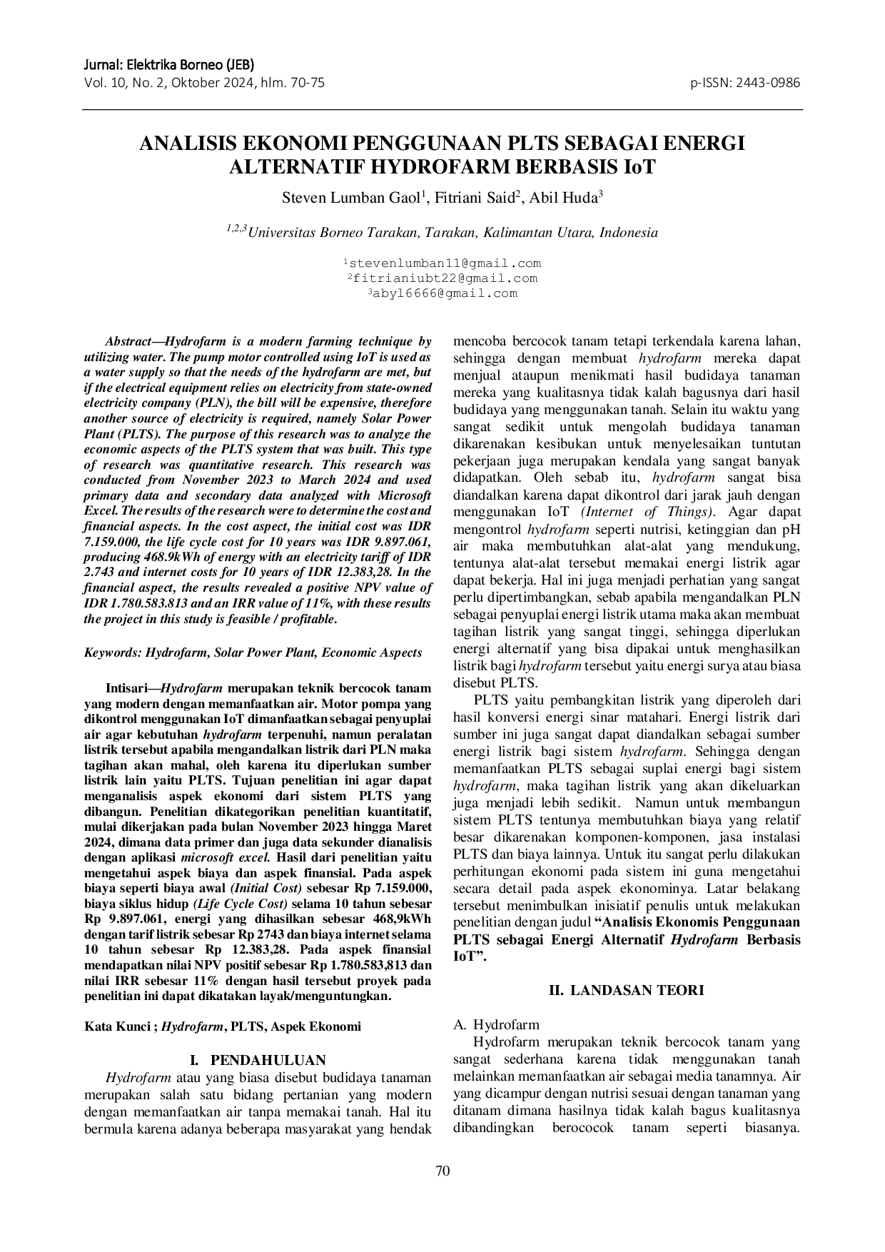 JURIS Analisis Ekonomi Penggunaan Plts Sebagai Energi Alternatif Hydrofarm Berbasis Iot
