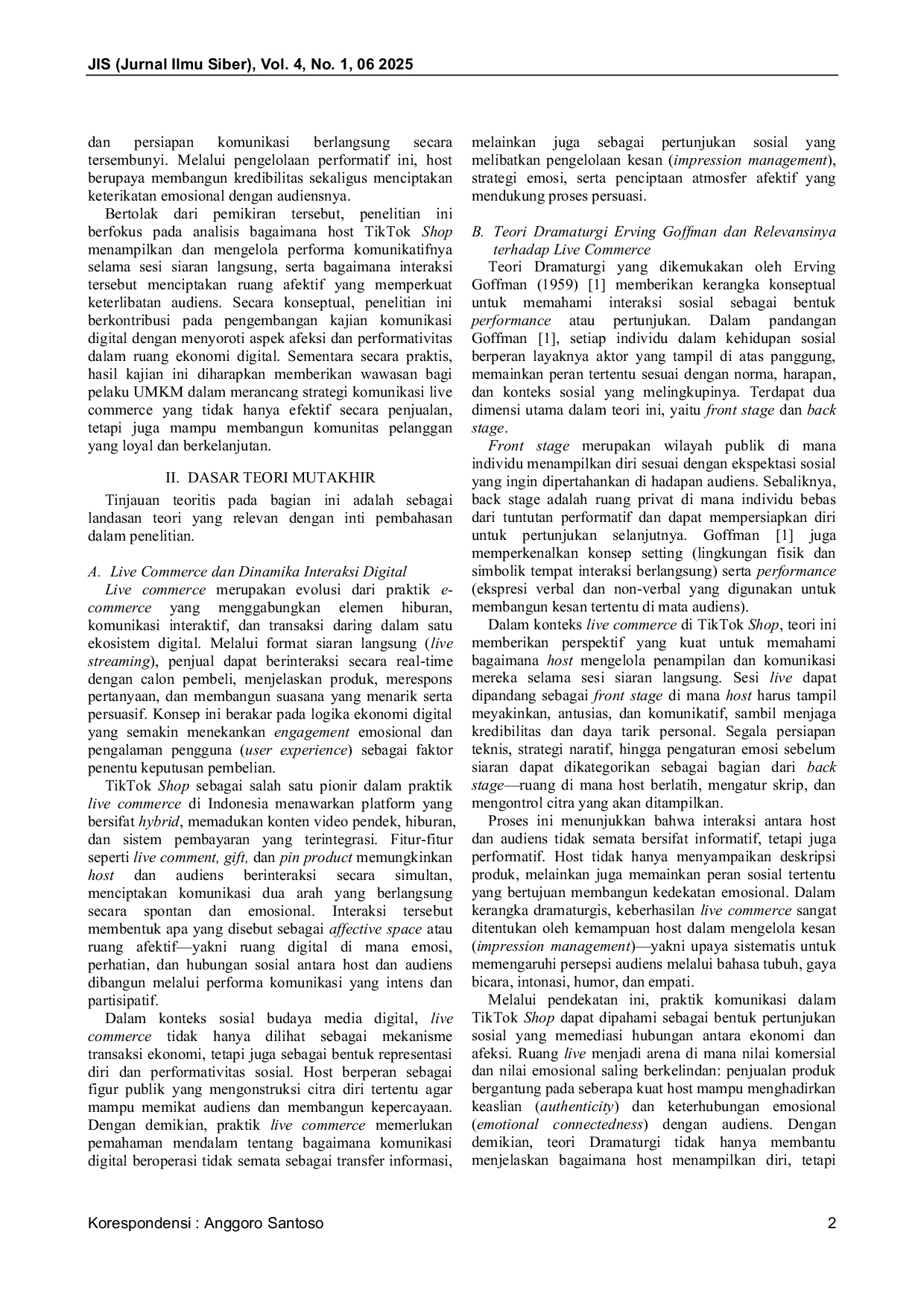JURIS Live Commerce Sebagai Ruang Afektif Dalam Analisis Interaksi Host Tiktok Shop Dalam Perspektif Teori Dramaturgi