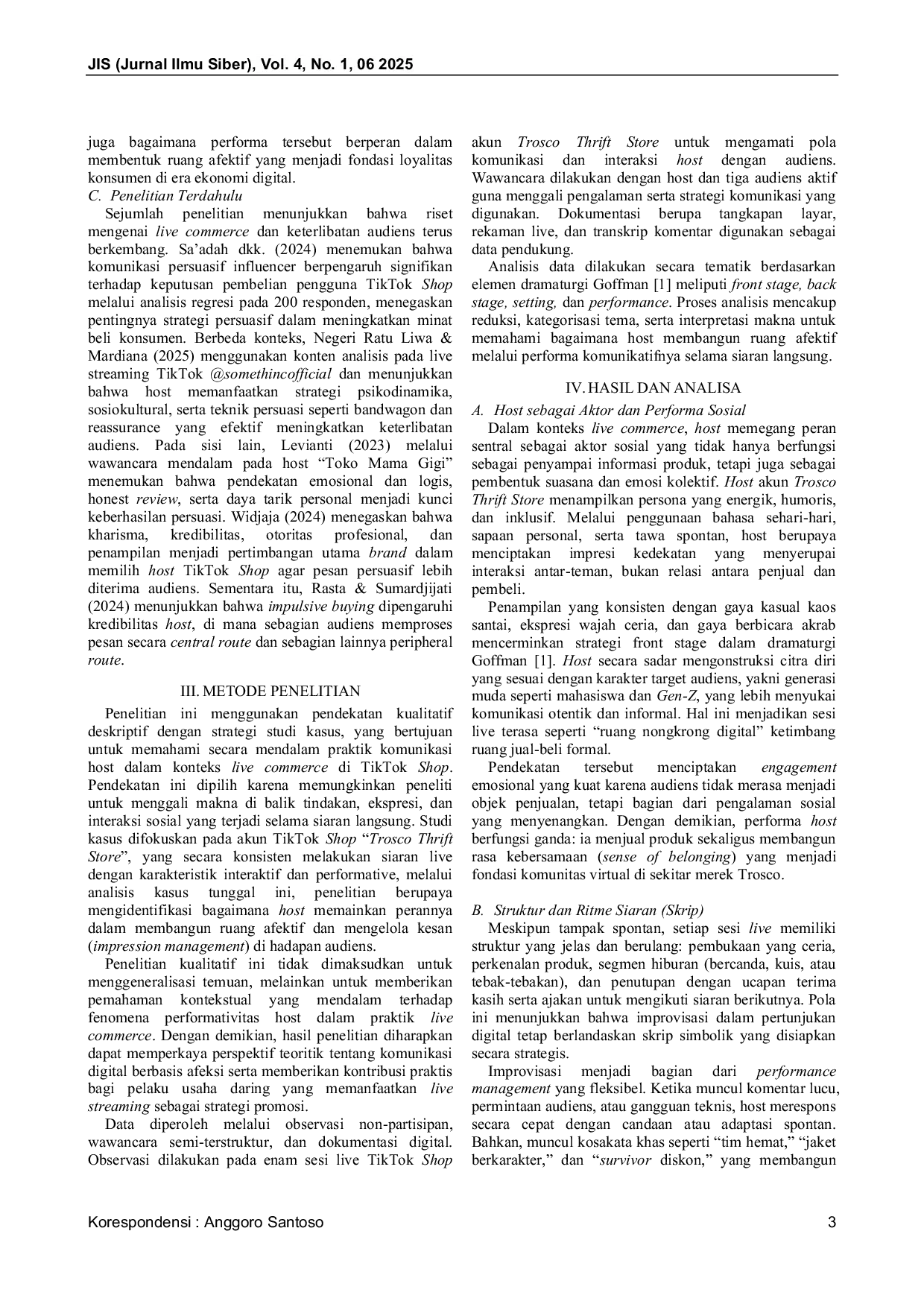 JURIS Live Commerce Sebagai Ruang Afektif Dalam Analisis Interaksi Host Tiktok Shop Dalam Perspektif Teori Dramaturgi