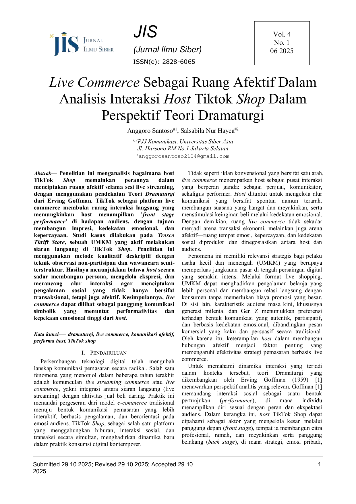JURIS Live Commerce Sebagai Ruang Afektif Dalam Analisis Interaksi Host Tiktok Shop Dalam Perspektif Teori Dramaturgi