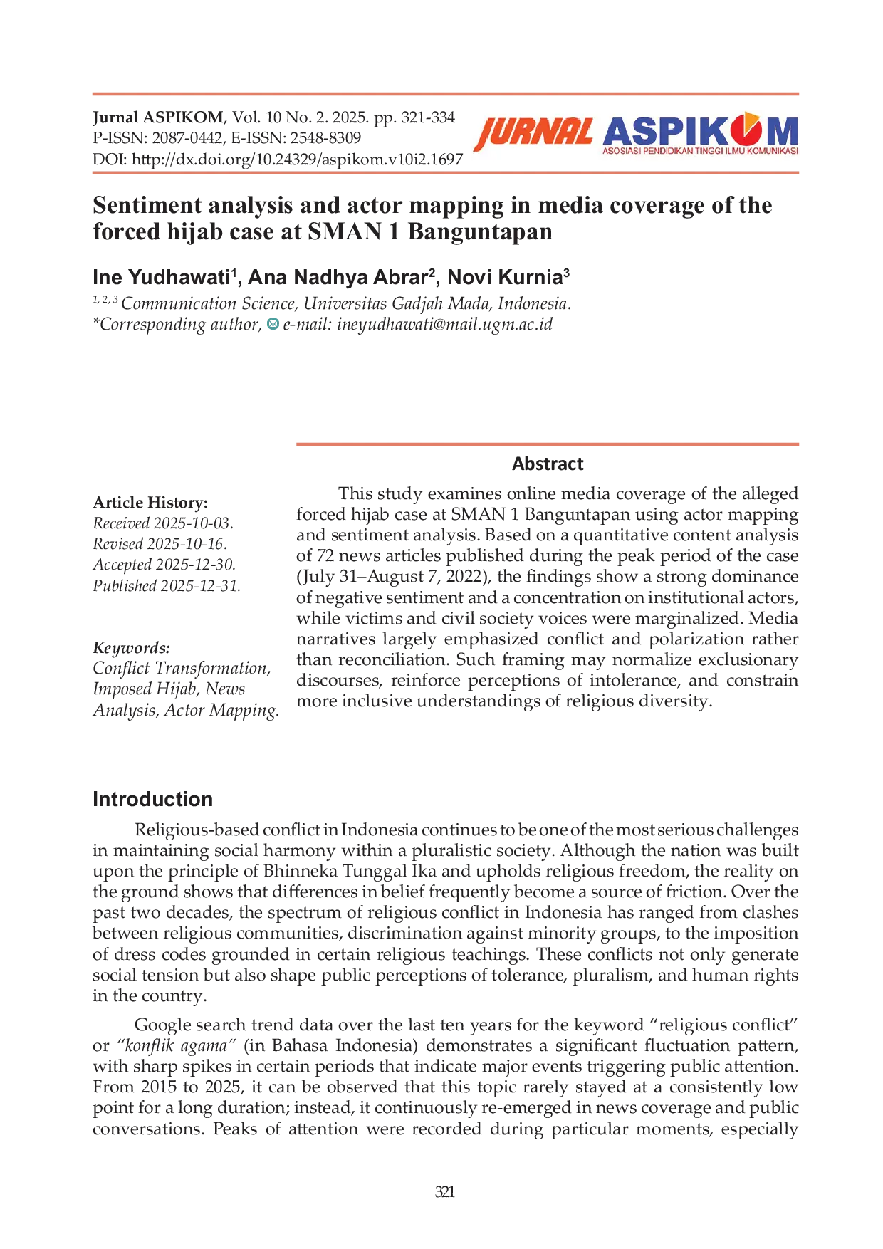 JURIS Sentiment analysis and actor mapping in media coverage of the forced hijab case at SMAN 1 Banguntapan