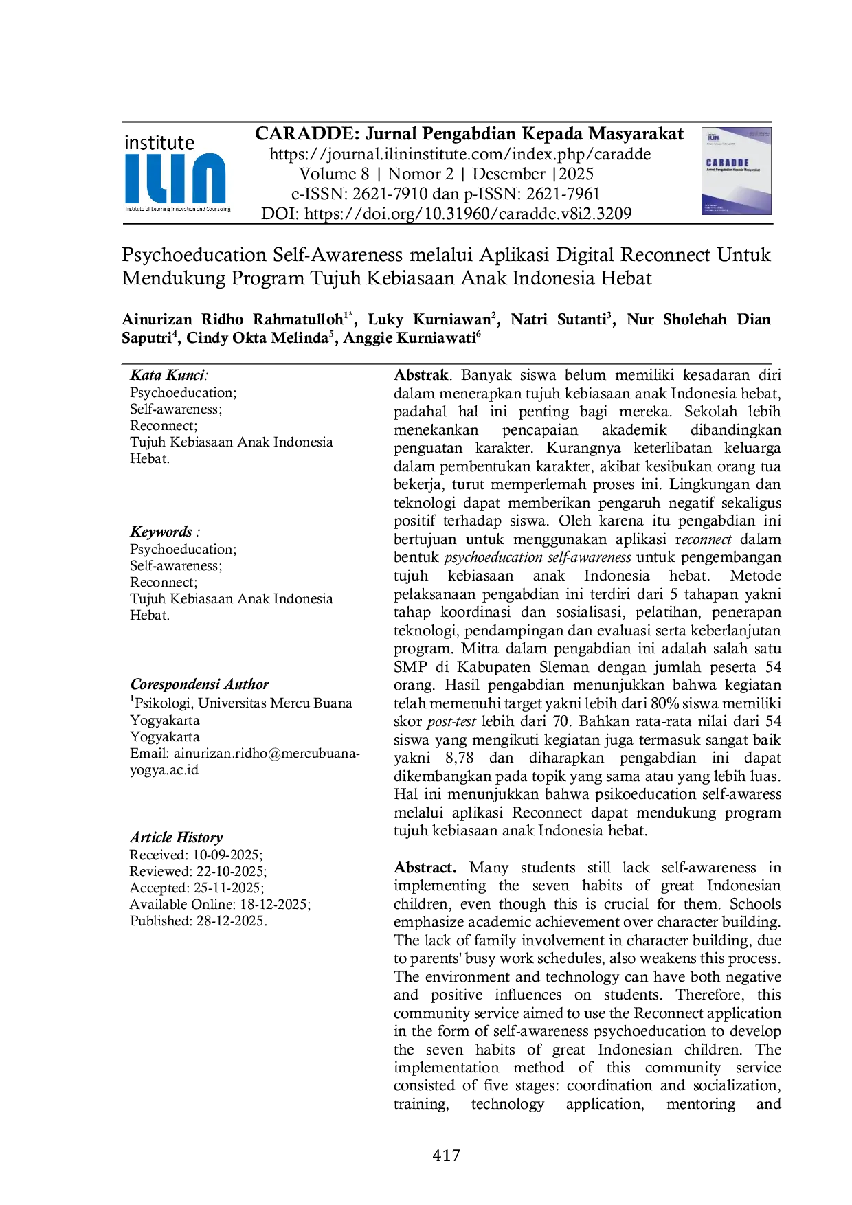 JURIS Psychoeducation Self Awareness melalui Aplikasi Digital Reconnect Untuk Mendukung Program Tujuh Kebiasaan Anak Indonesia Hebat