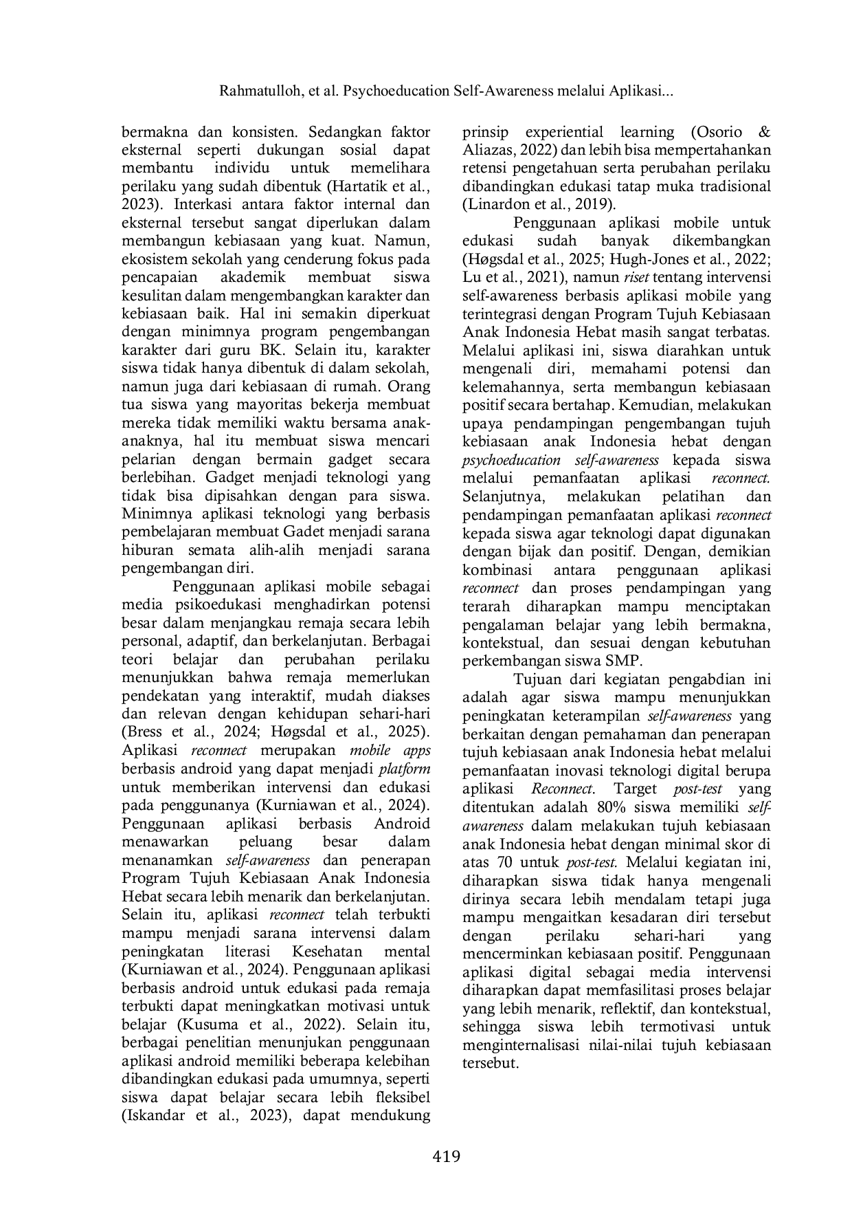 JURIS Psychoeducation Self Awareness melalui Aplikasi Digital Reconnect Untuk Mendukung Program Tujuh Kebiasaan Anak Indonesia Hebat