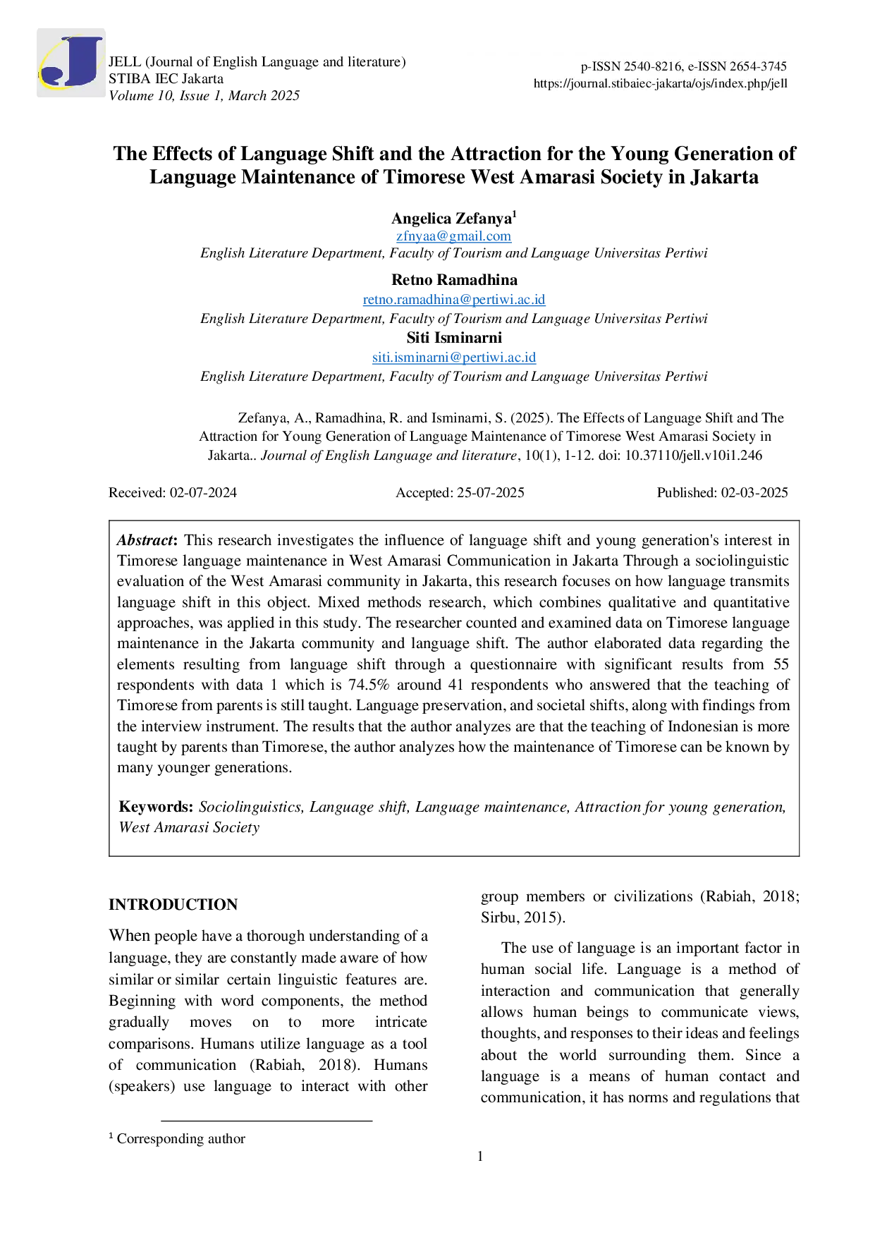 JURIS Pengaruh Perpindahan Bahasa dan Daya Tarik Generasi Muda dalam Pelestarian Bahasa Timorese Amarasi Barat di Jakarta