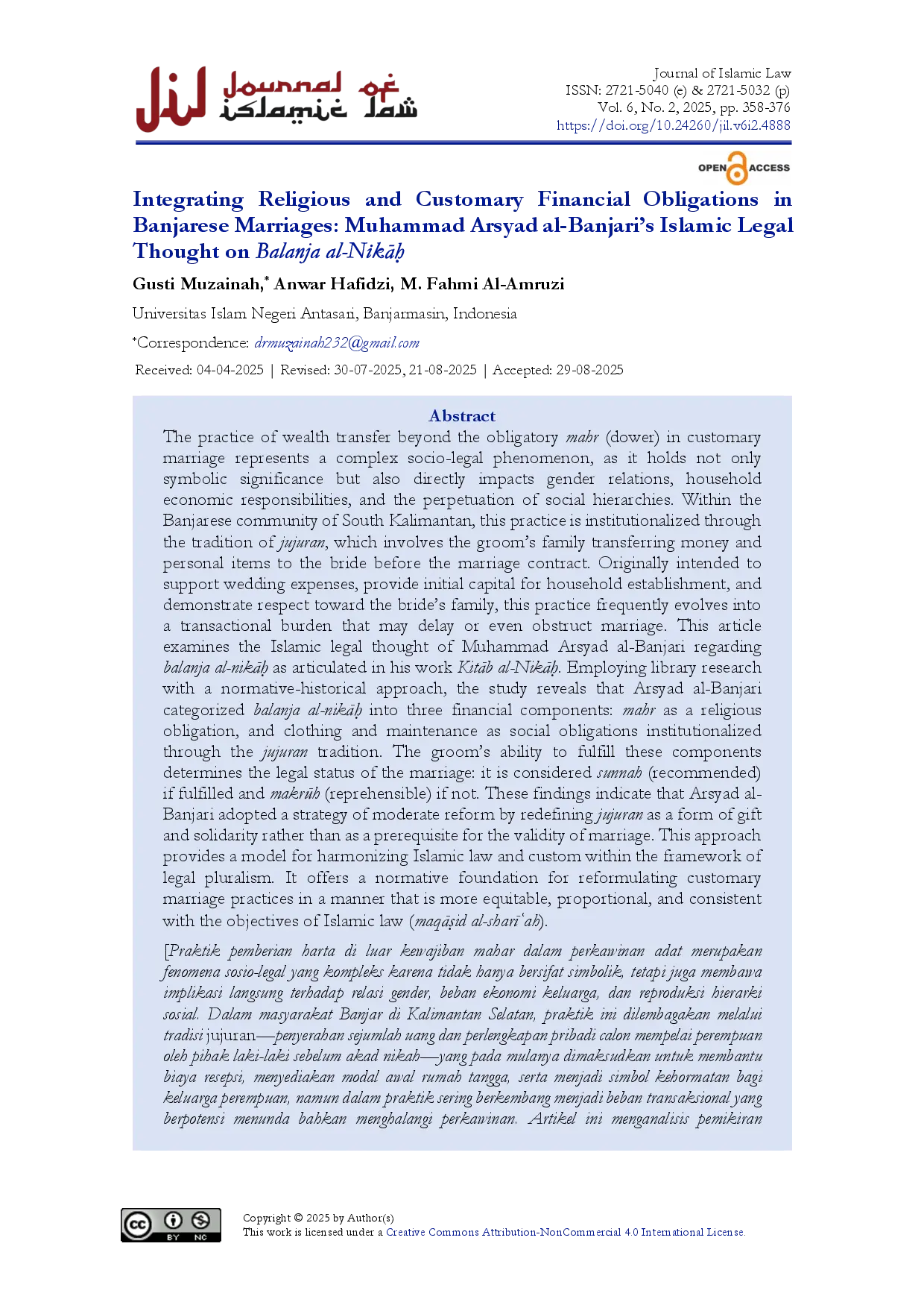 juris Integrating Religious and Customary Financial Obligations in Banjarese Marriages Muhammad Arsyad al Banjari s Islamic Legal Thought on Balanja al NikAu