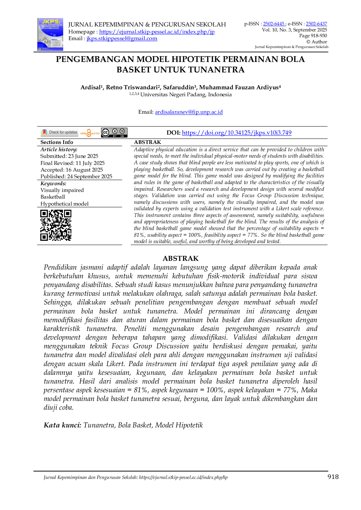 JURIS Pengembangan Model Hipotetik Permainan Bola Basket Untuk Tunanetra