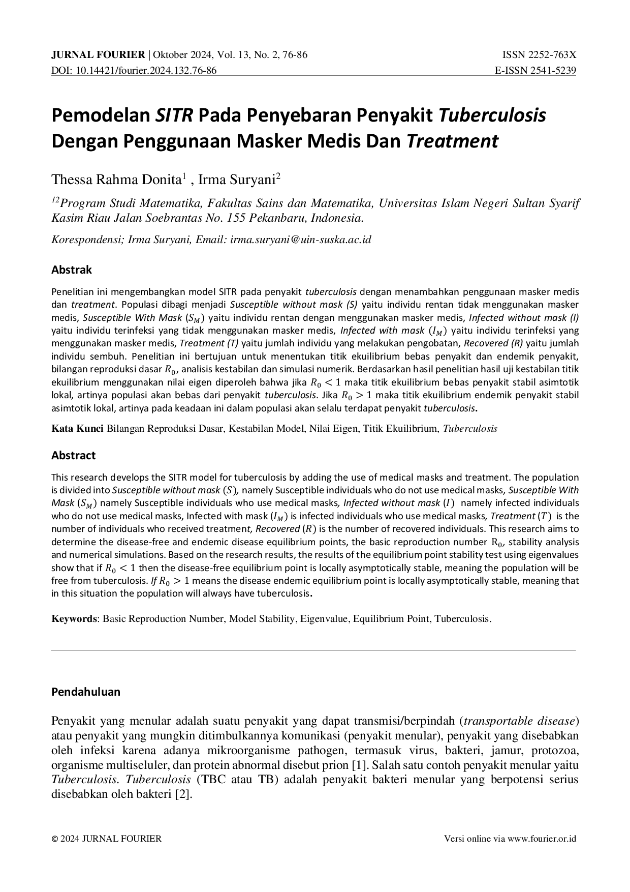 JURIS Pemodelan SITR Pada Penyebaran Penyakit Tuberculosis Dengan Penggunaan Masker Medis Dan Treatment