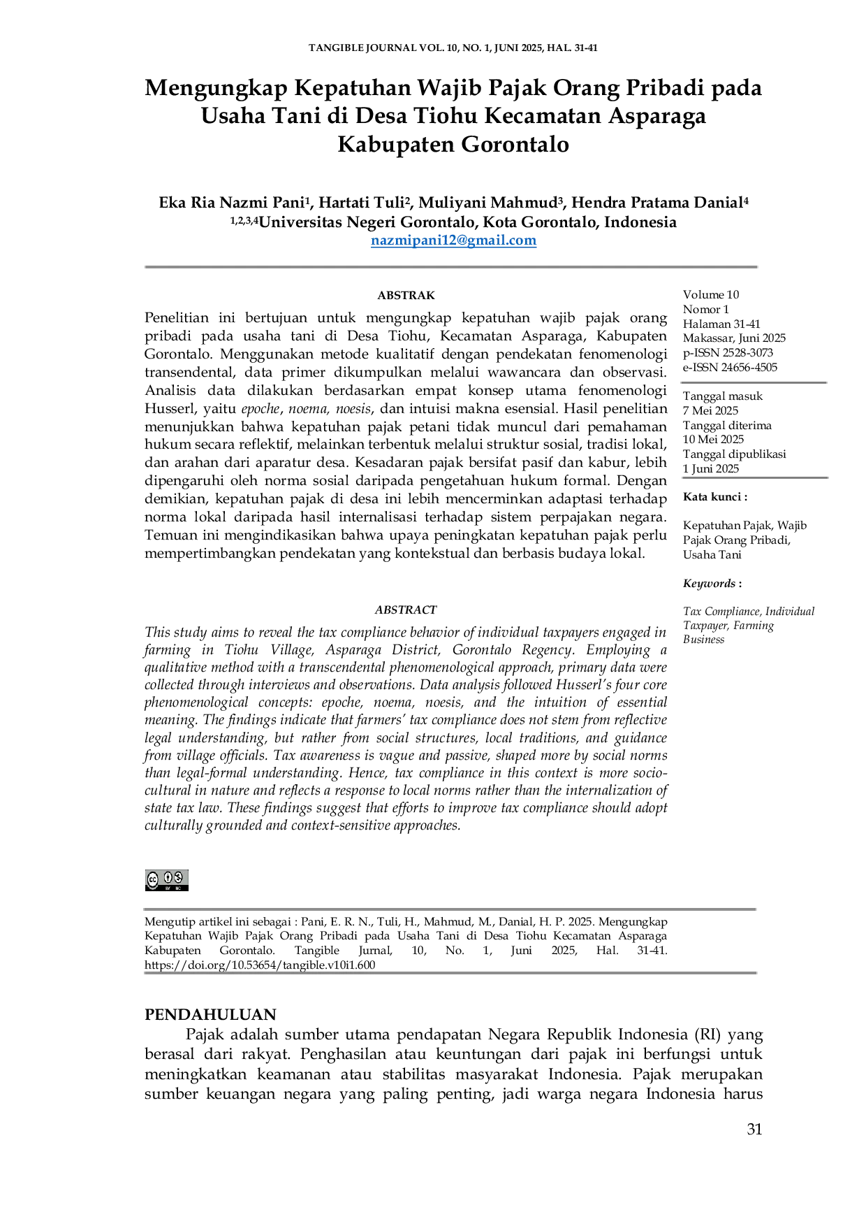 JURIS Mengungkap Kepatuhan Wajib Pajak Orang Pribadi Pada Usaha Tani Di Desa Tiohu Kecamatan Asparaga Kabupaten Gorontalo
