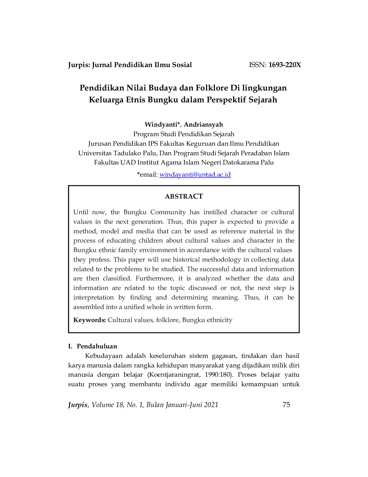 JURIS Pendidikan Nilai Budaya dan Folklore Di lingkungan Keluarga Etnis Bungku dalam Perspektif Sejarah