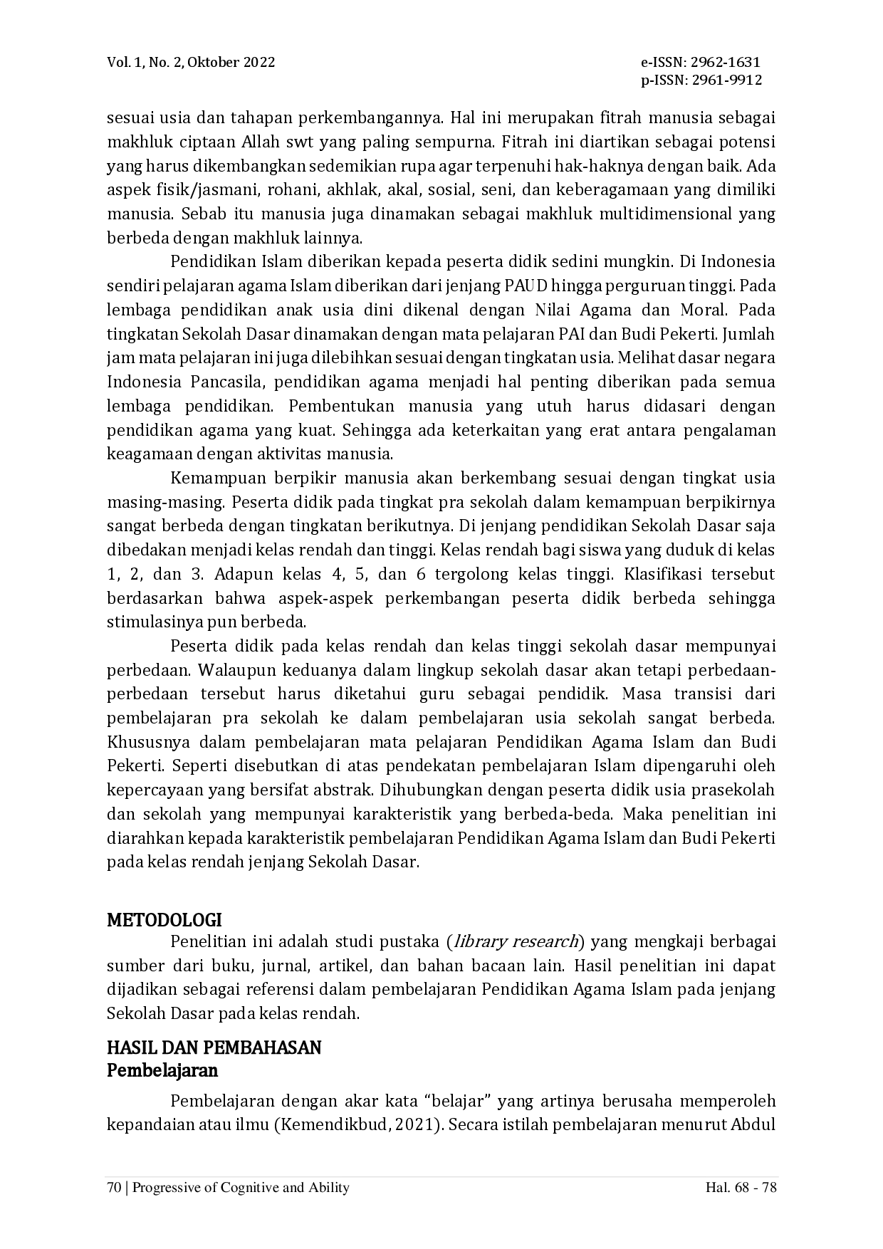 juris Karakteristik Pembelajaran Pendidikan Agama Islam dan Budi Pekerti di Kelas Rendah Sekolah Dasar