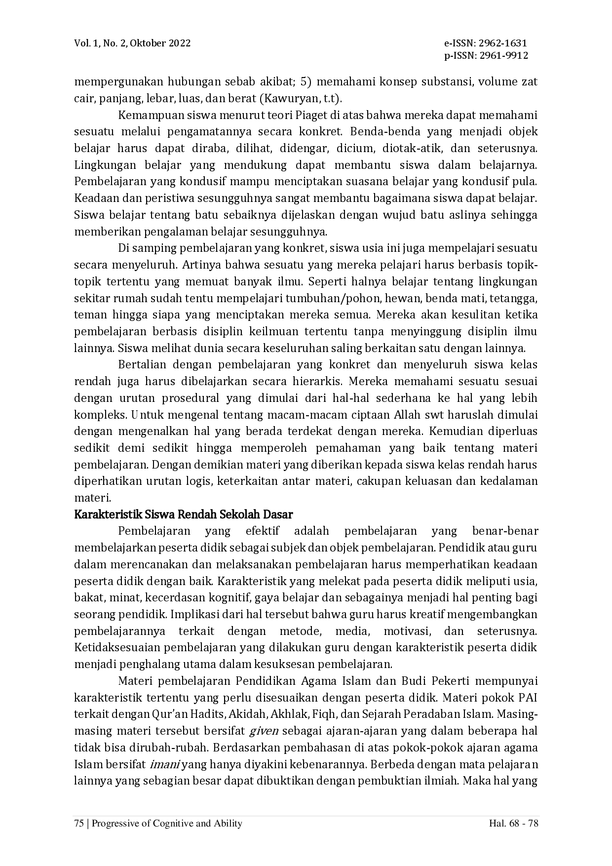 juris Karakteristik Pembelajaran Pendidikan Agama Islam dan Budi Pekerti di Kelas Rendah Sekolah Dasar