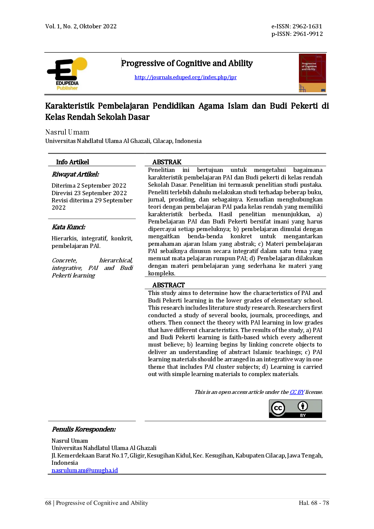 juris Karakteristik Pembelajaran Pendidikan Agama Islam dan Budi Pekerti di Kelas Rendah Sekolah Dasar