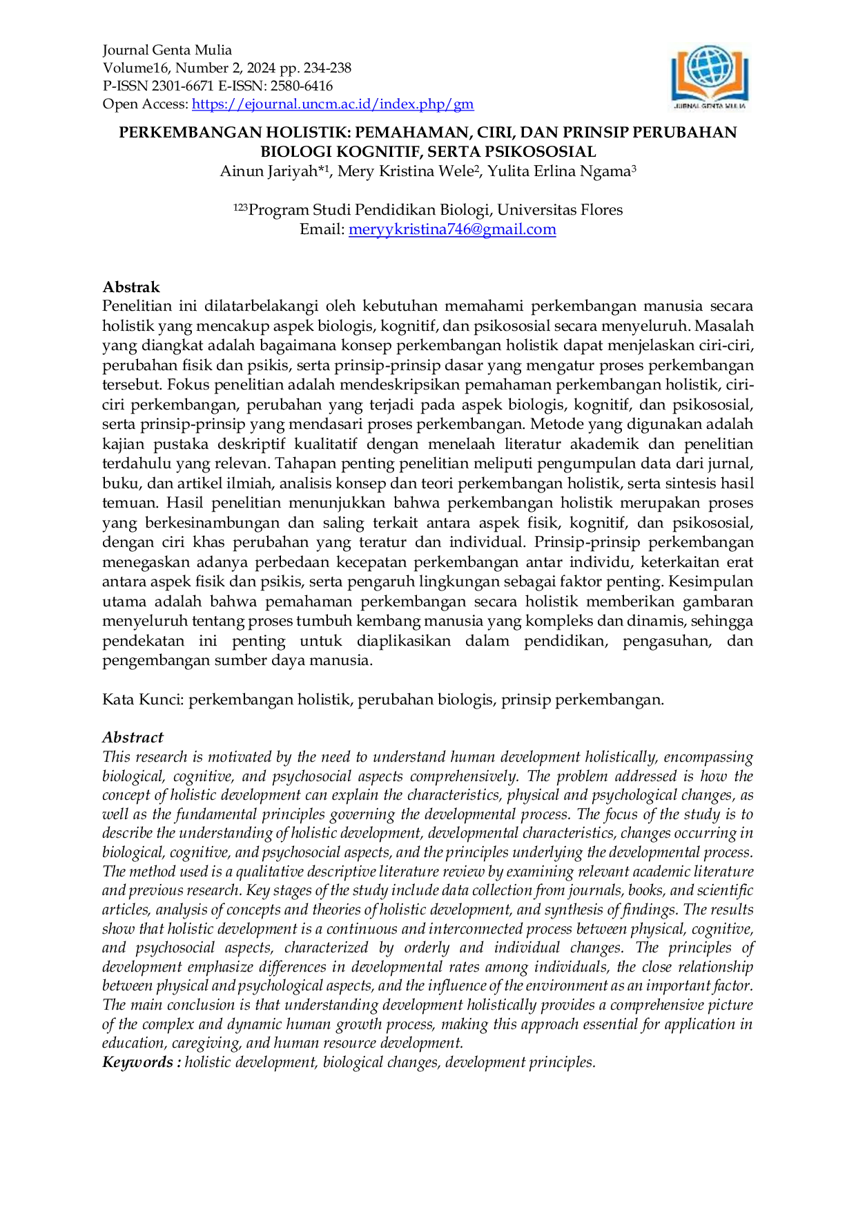 JURIS Perkembangan Holistik Pemahaman Ciri Dan Prinsip Perubahan Biologi Kognitif Serta Psikososial