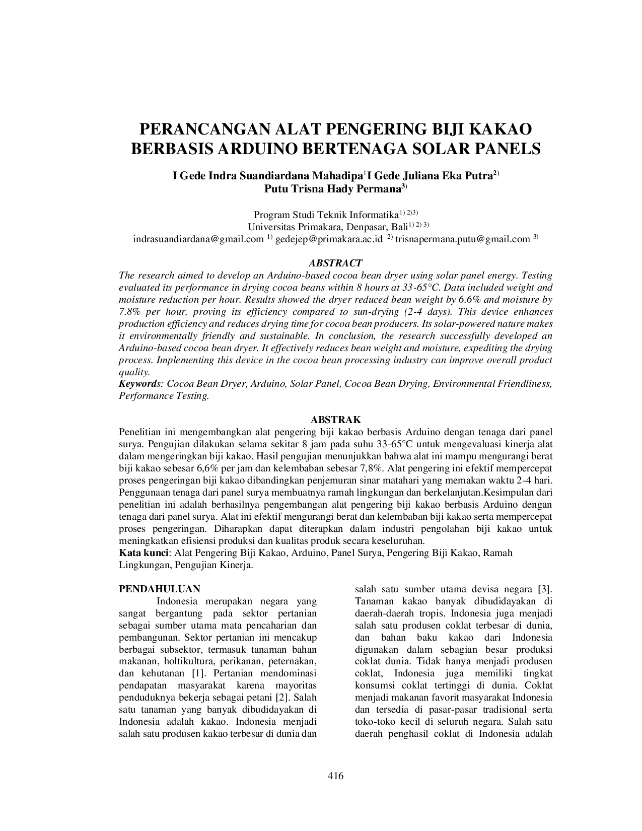 JURIS Perancangan Alat Pengering Biji Kakao Berbasis Arduino Bertenaga Solar Panels