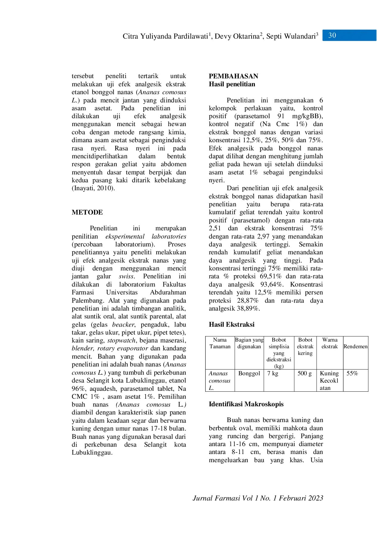 JURIS UJI EFEK ANALGESIK EKSTRAK BONGGOL NANAS Ananas Comosus L PADA MENCIT JANTAN YANG DIINDUKSI ASAM ASETAT