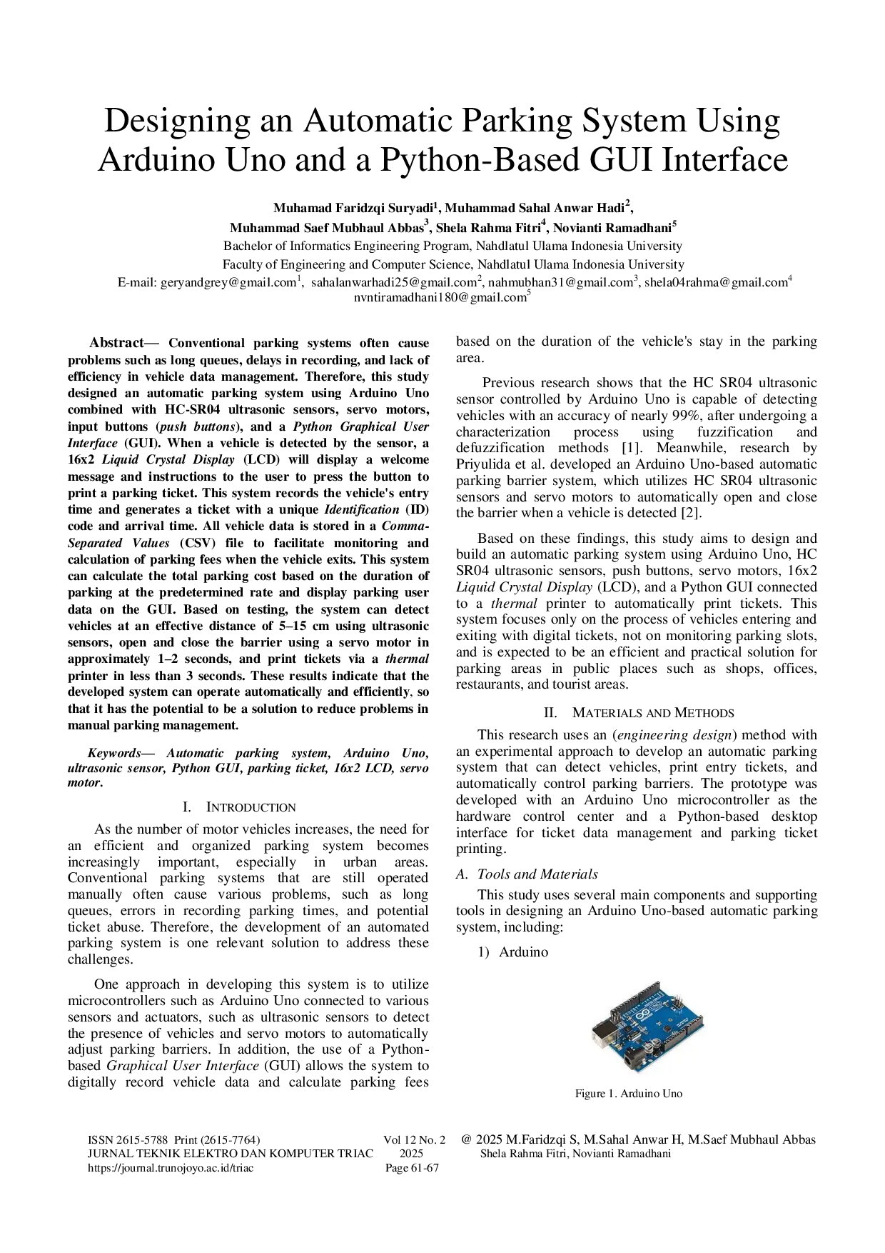 JURIS Designing an Automatic Parking System Using Arduino Uno and a Python Based GUI Interface