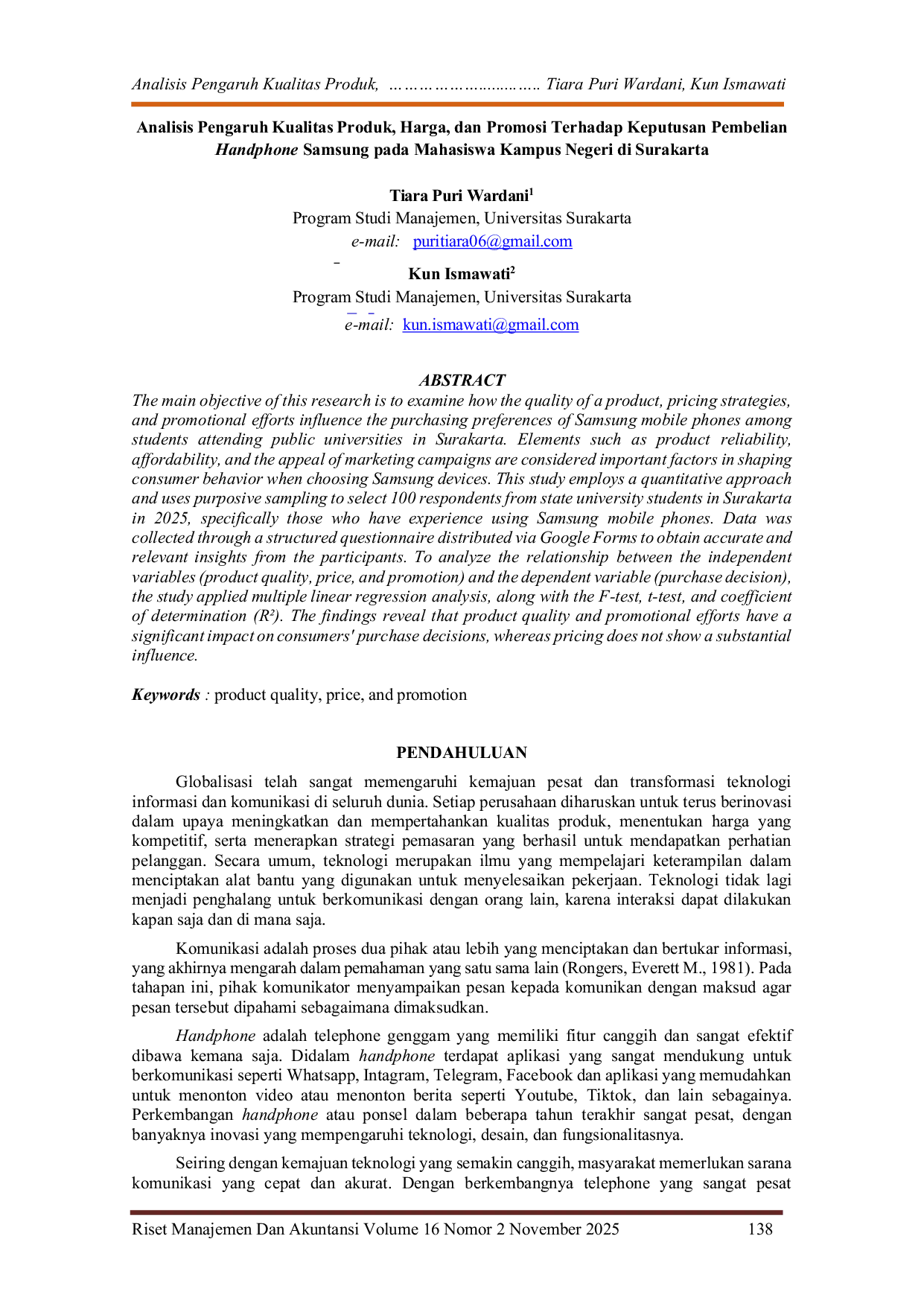 JURIS Analisis Pengaruh Kualitas Produk Harga dan Promosi Terhadap Keputusan Pembelian Handphone Samsung pada Mahasiswa Kampus Negeri di Surakarta