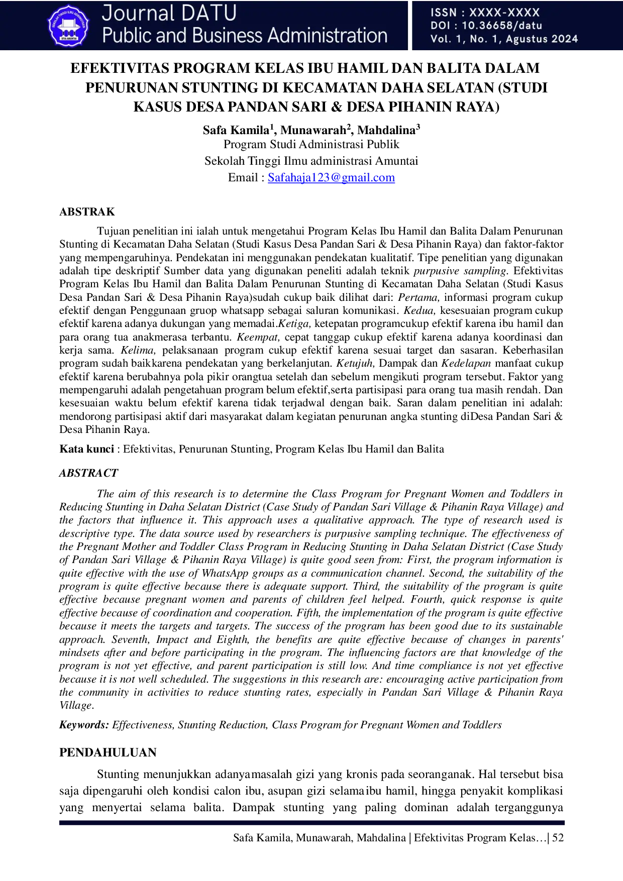 JURIS Efektivitas Program Kelas Ibu Hamil Dan Balita Dalam Penurunan Stunting Di Kecamatan Daha Selatan Studi Kasus Desa Pandan Sari Desa Pihanin Raya