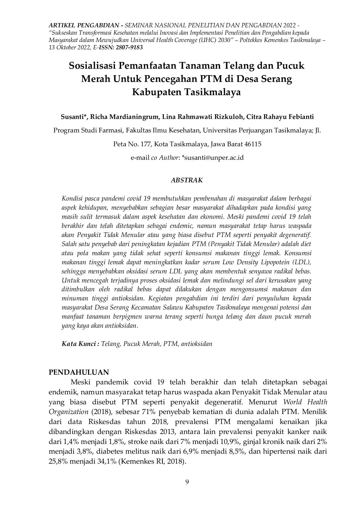 JURIS Sosialisasi Pemanfaatan Tanaman Telang dan Pucuk Merah Untuk Pencegahan PTM di Desa Serang Kabupaten Tasikmalaya