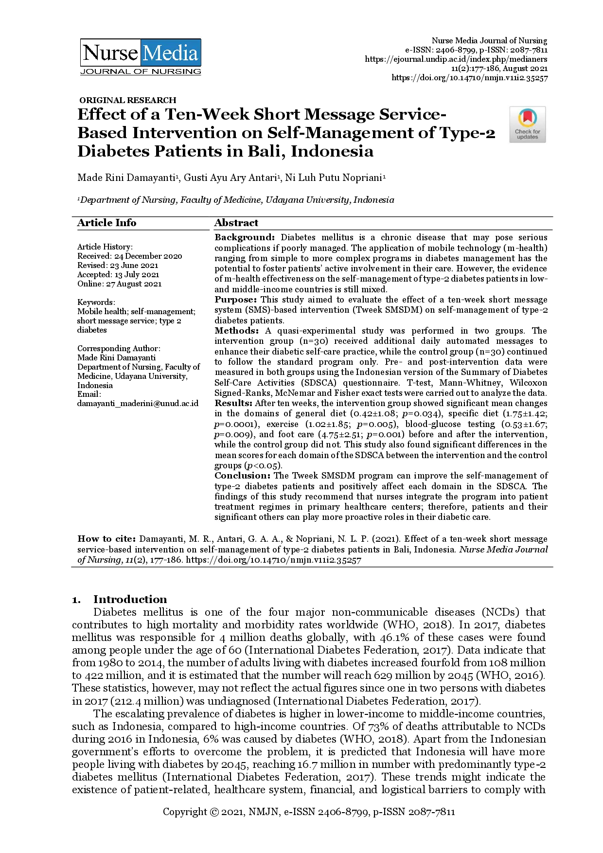 juris Effect of a Ten Week Short Message Service Based Intervention on Self Management of Type 2 Diabetes Patients in Bali Indonesia