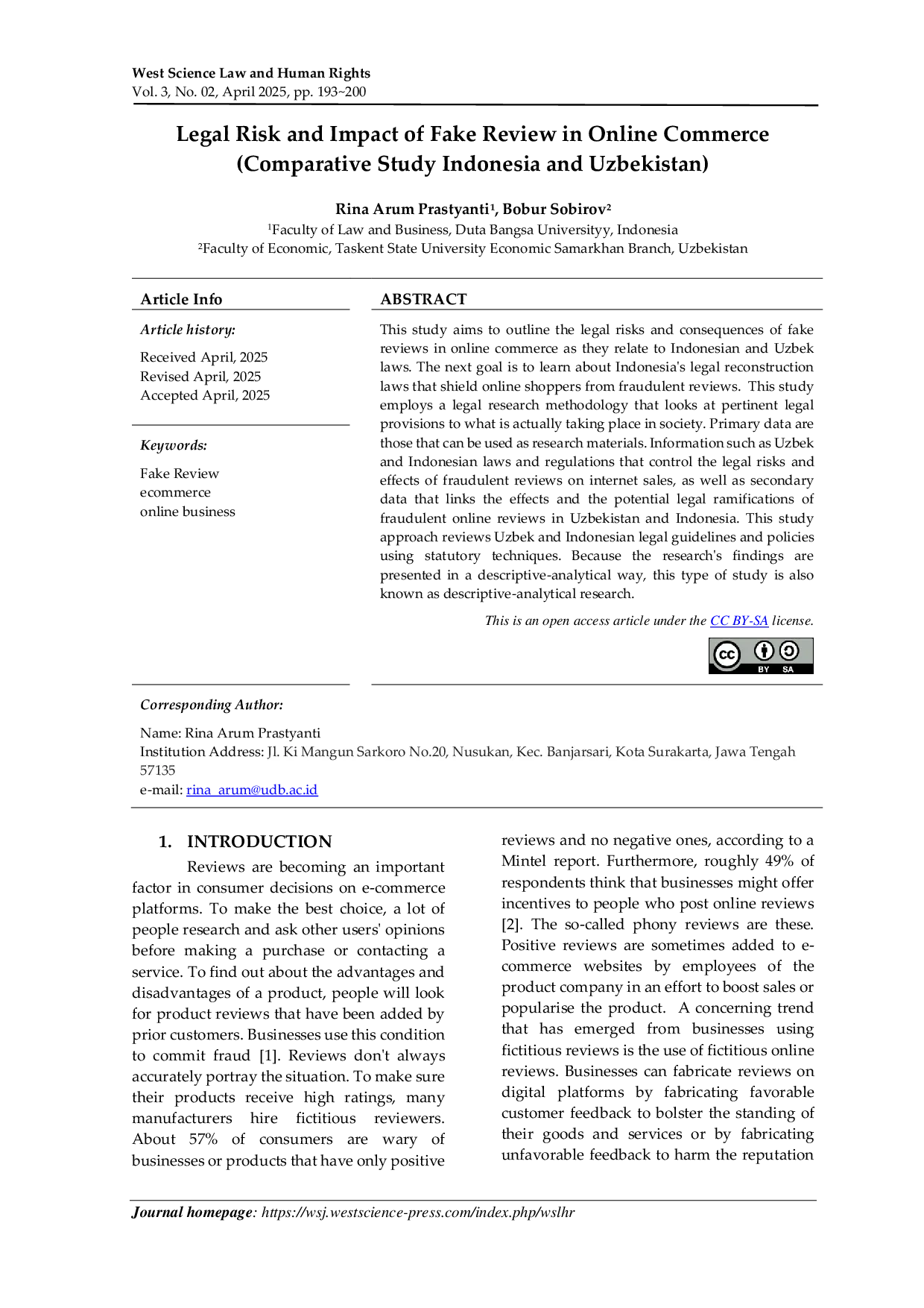 JURIS Legal Risk and Impact of Fake Review in Online Commerce Comparative Study Indonesia and Uzbekistan