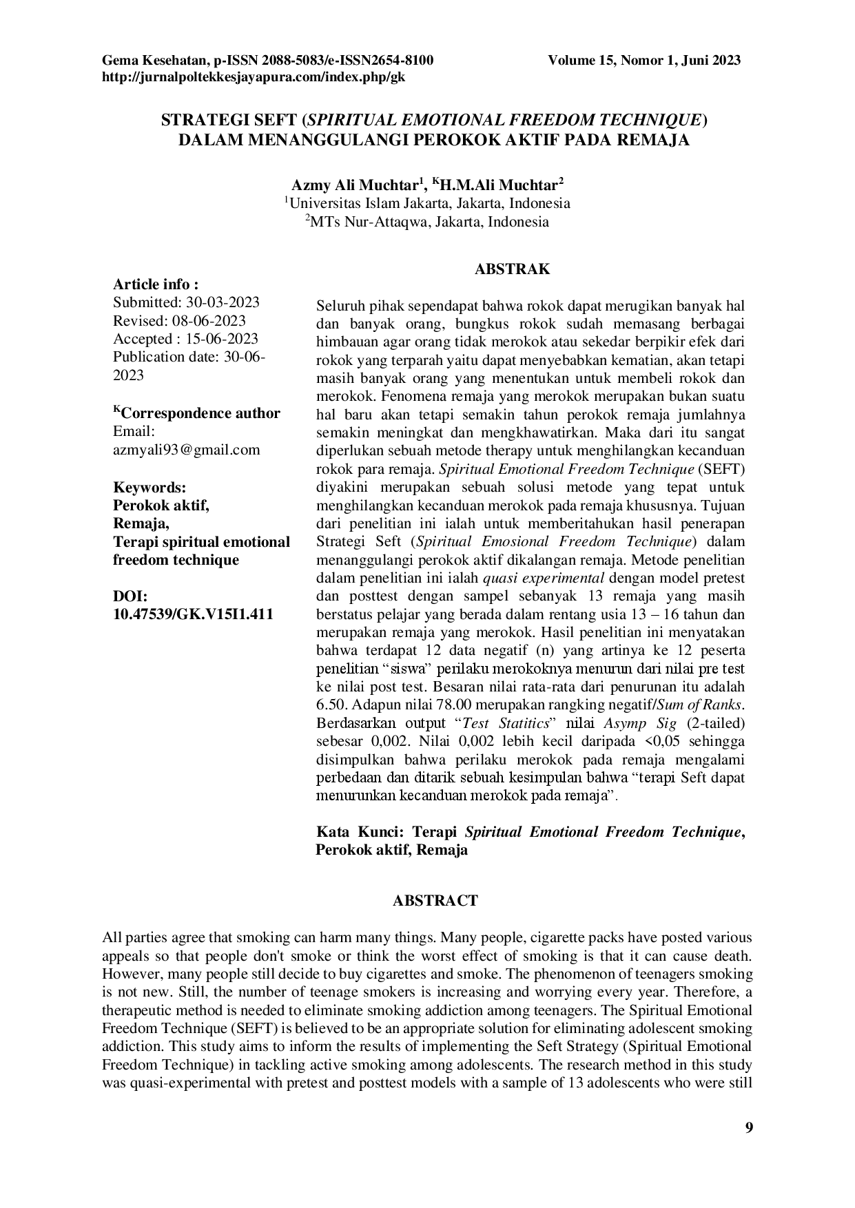 juris Strategi Seft Spiritual Emotional Freedom Technique Dalam Menanggulangi Perokok Aktif Pada Remaja