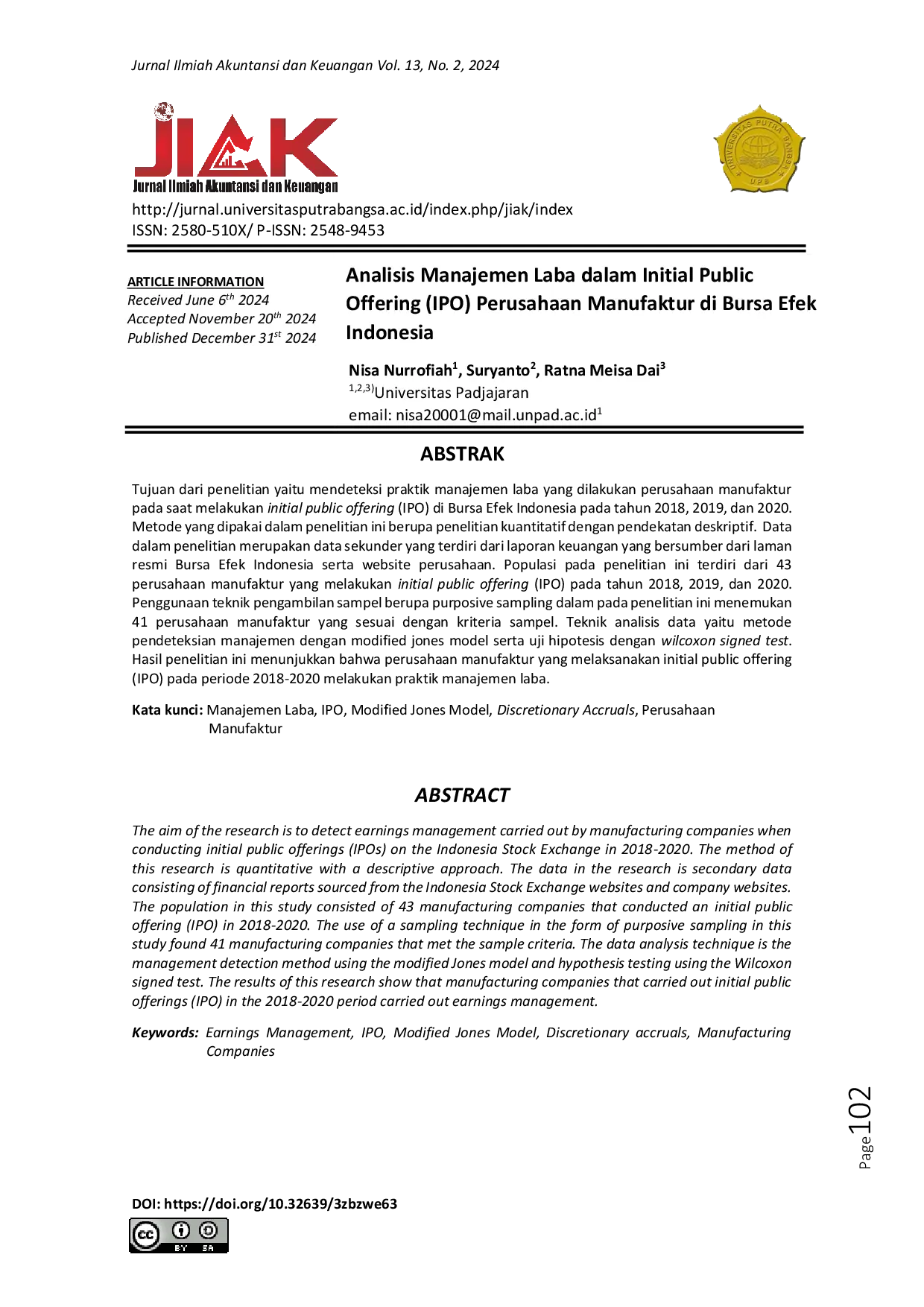 JURIS Analisis Manajemen Laba dalam Initial Public Offering IPO Perusahaan Manufaktur di Bursa Efek Indonesia