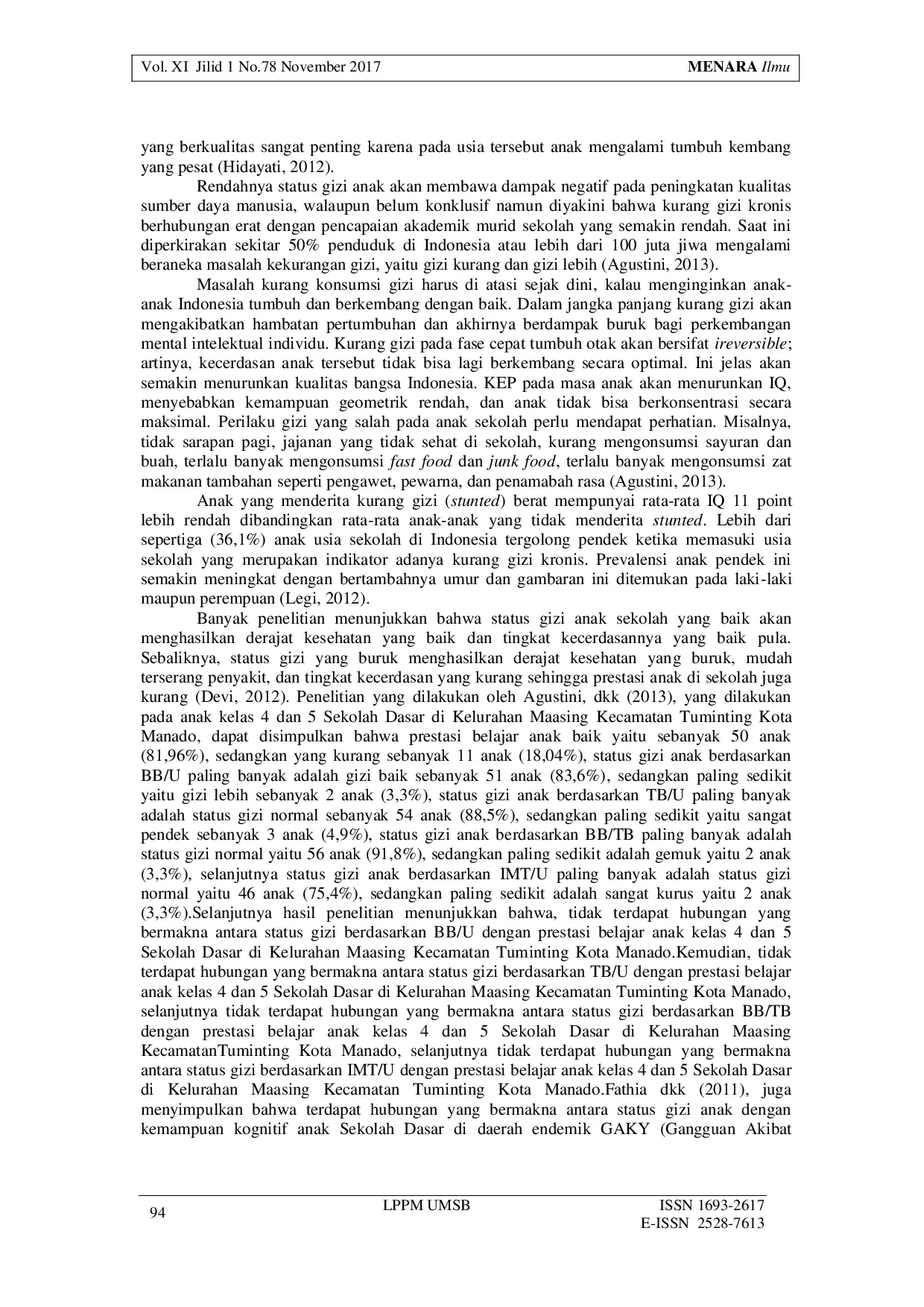 JURIS Hubungan Status Gizi Dengan Prestasi Siswa Di Sdn 010 Pangkalan Kerinci Kabupaten Pelalawan 2017