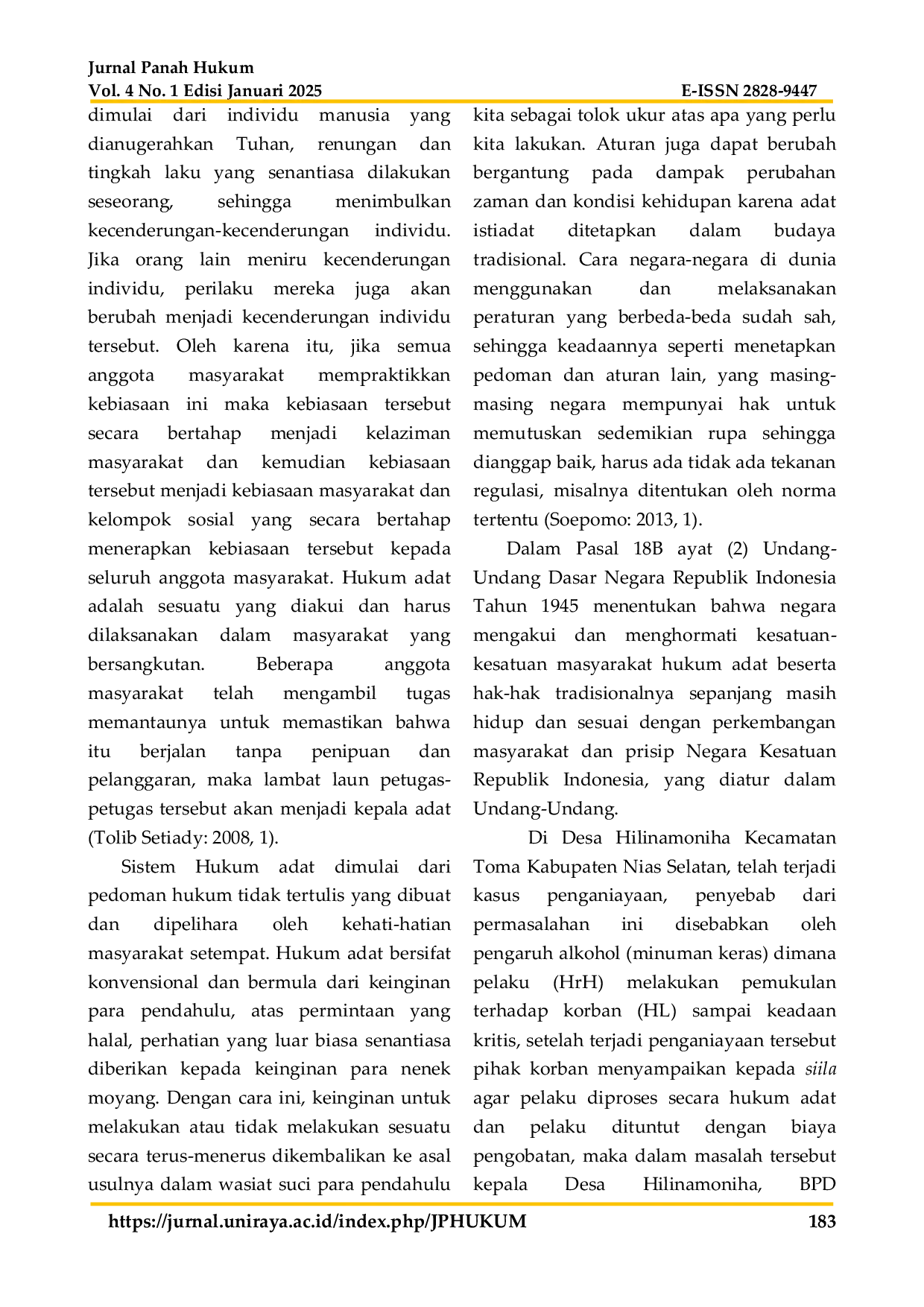 JURIS Mekanisme Penyelesaian Tindak Pidana Penganiayaan Secara Hukum Adat