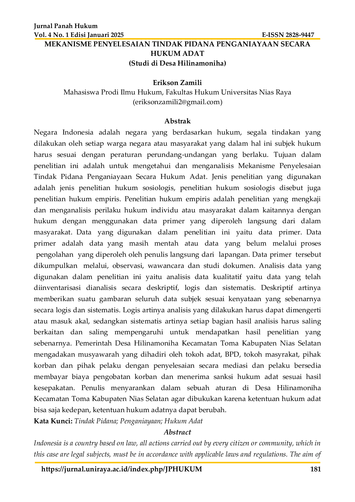 JURIS Mekanisme Penyelesaian Tindak Pidana Penganiayaan Secara Hukum Adat