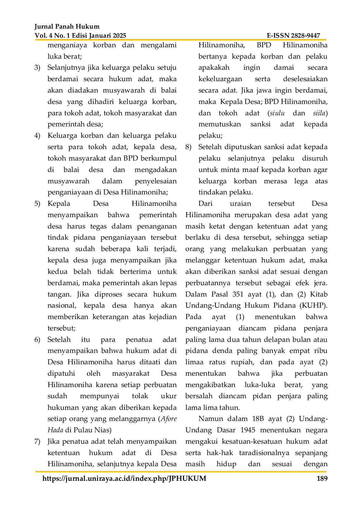 JURIS Mekanisme Penyelesaian Tindak Pidana Penganiayaan Secara Hukum Adat