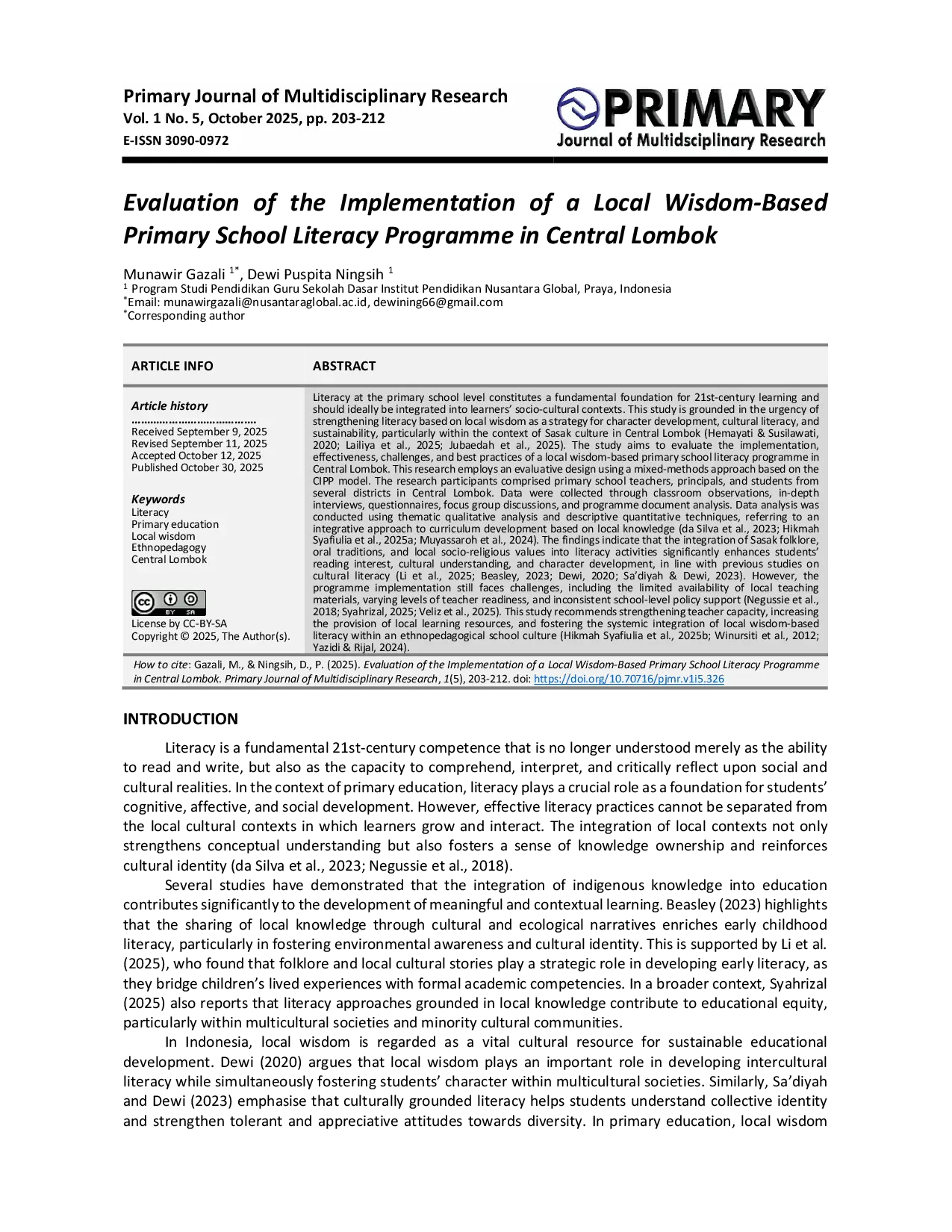 JURIS Evaluation of the Implementation of a Local Wisdom Based Primary School Literacy Programme in Central Lombok