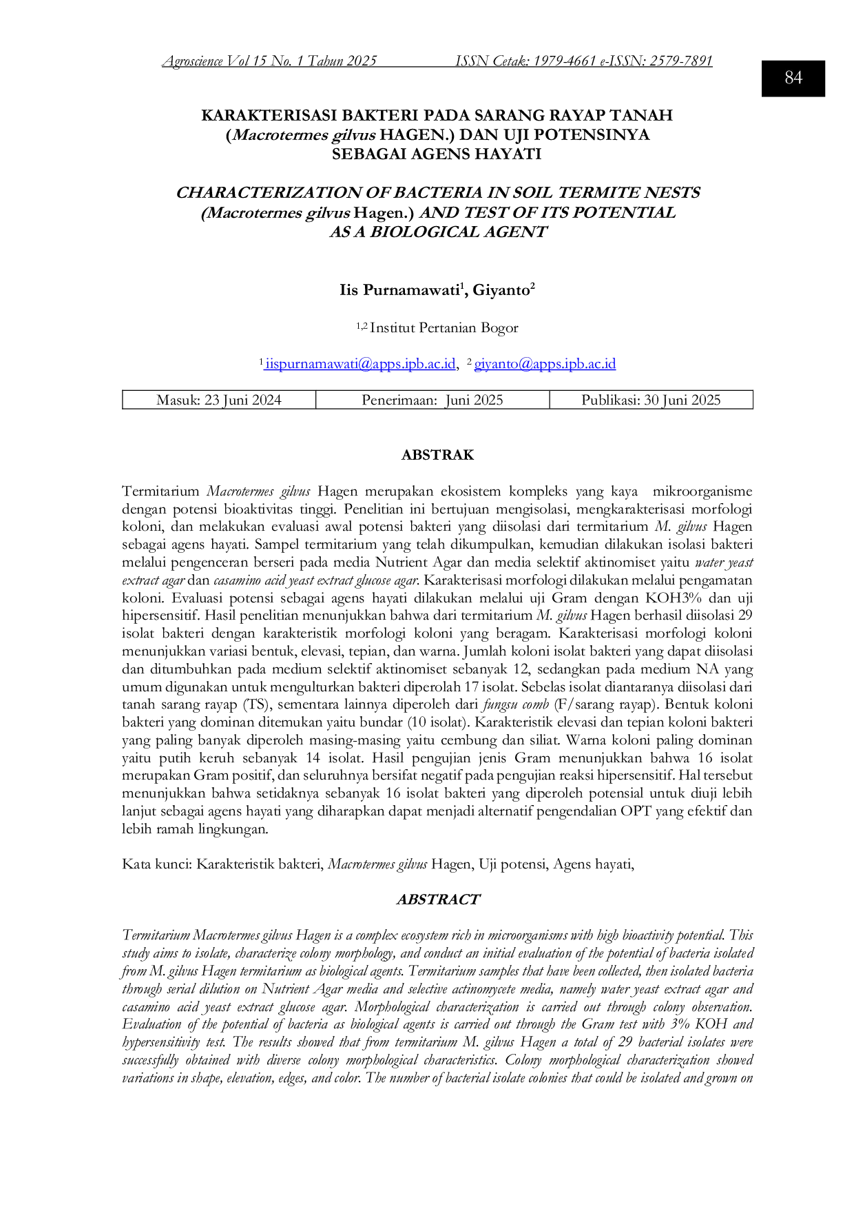 JURIS KARAKTERISASI BAKTERI PADA SARANG RAYAP TANAH Macrotermes gilvus Hagen DAN UJI POTENSINYA SEBAGAI AGENS HAYATI