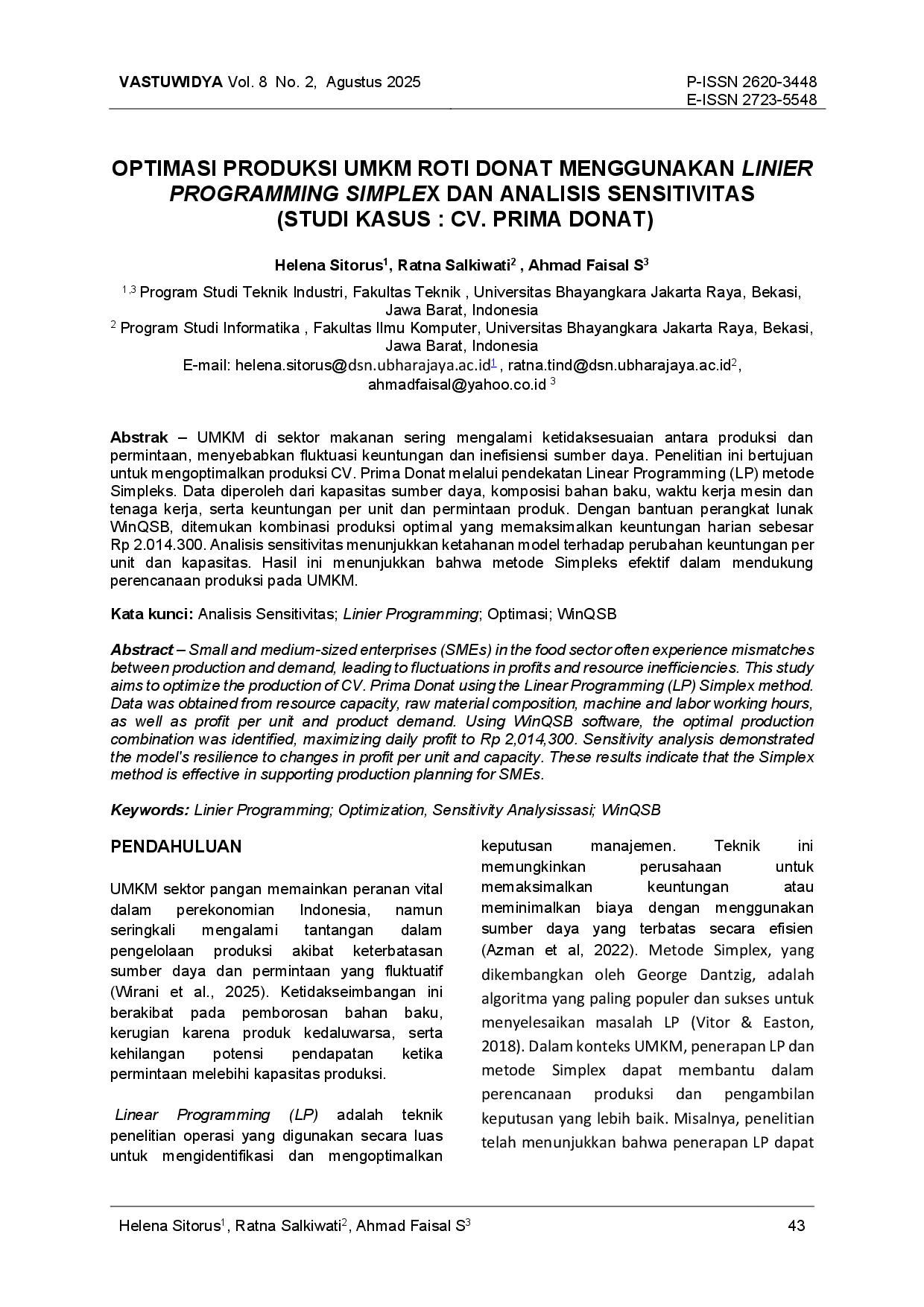 juris Optimasi Produksi Umkm Roti Donat Menggunakan Linier Programming Simplex Dan Analisis Sensitivitas Studi Kasus CV Prima Donat