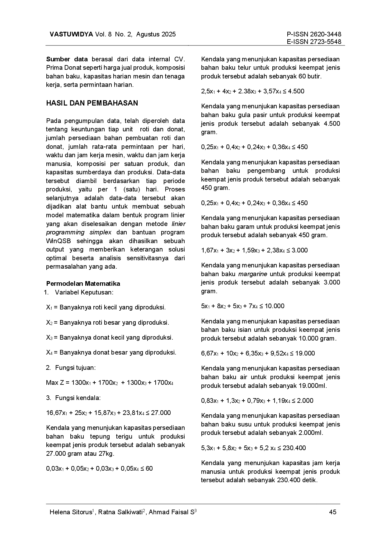 juris Optimasi Produksi Umkm Roti Donat Menggunakan Linier Programming Simplex Dan Analisis Sensitivitas Studi Kasus CV Prima Donat