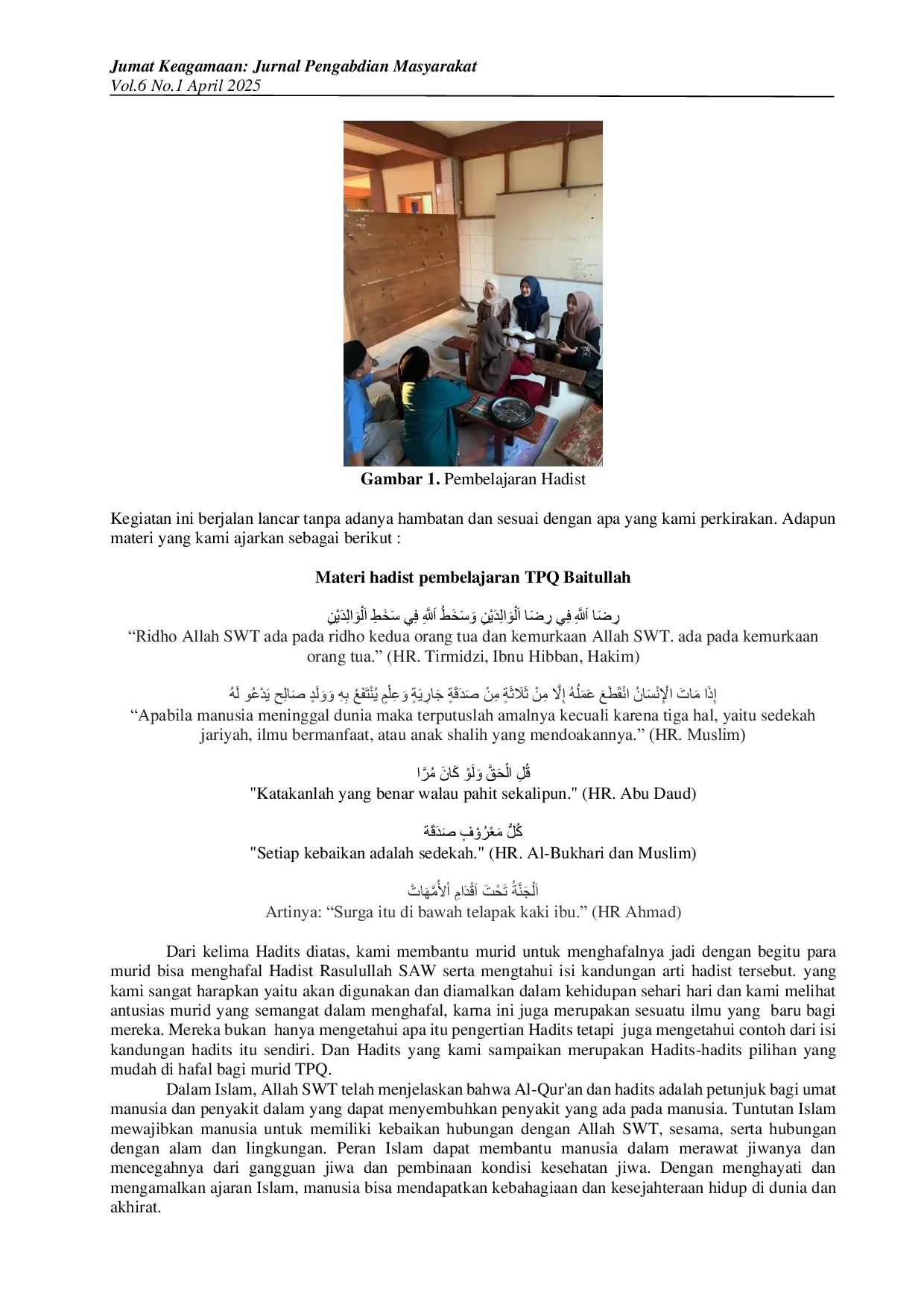 JURIS Penguatan Pemahaman Hadist Kalangan Remaja Melalui Program Pendidikan Islam di TPQ Baitullah