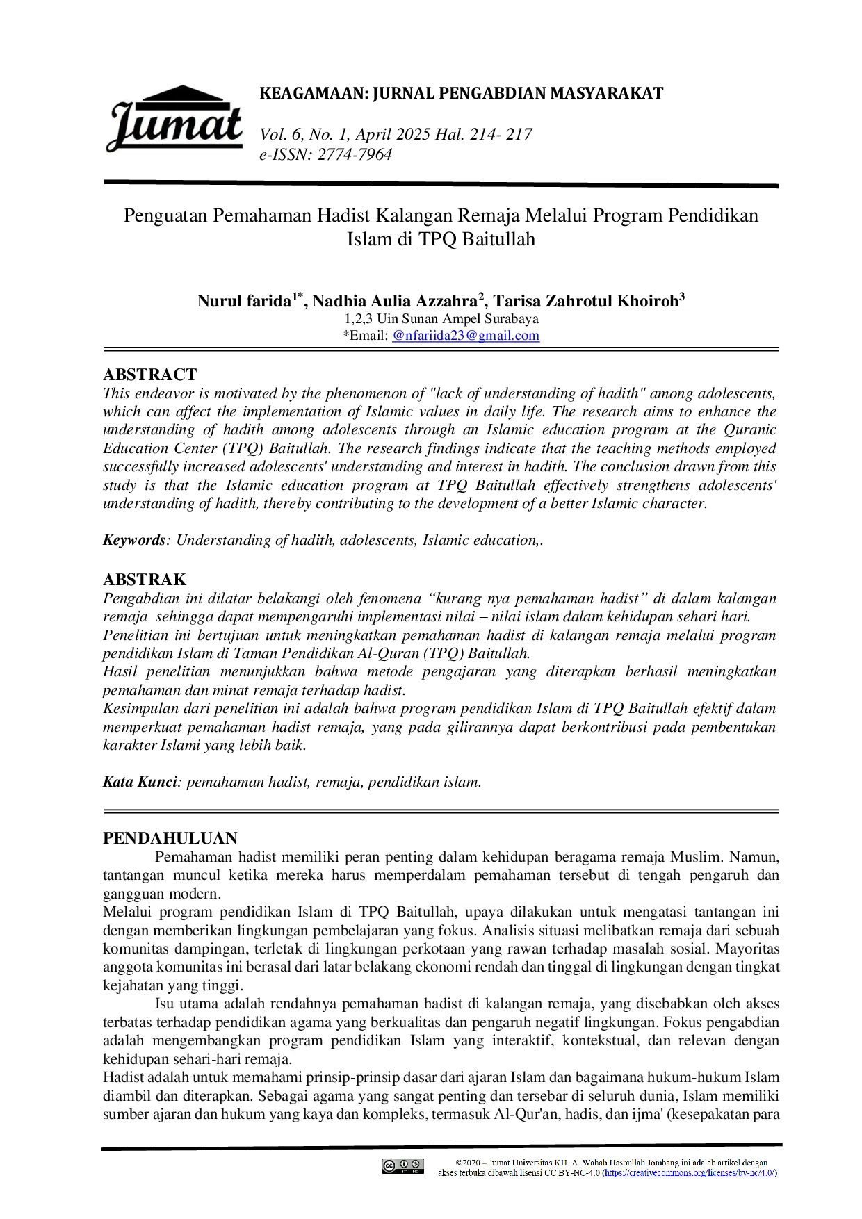 JURIS Penguatan Pemahaman Hadist Kalangan Remaja Melalui Program Pendidikan Islam di TPQ Baitullah