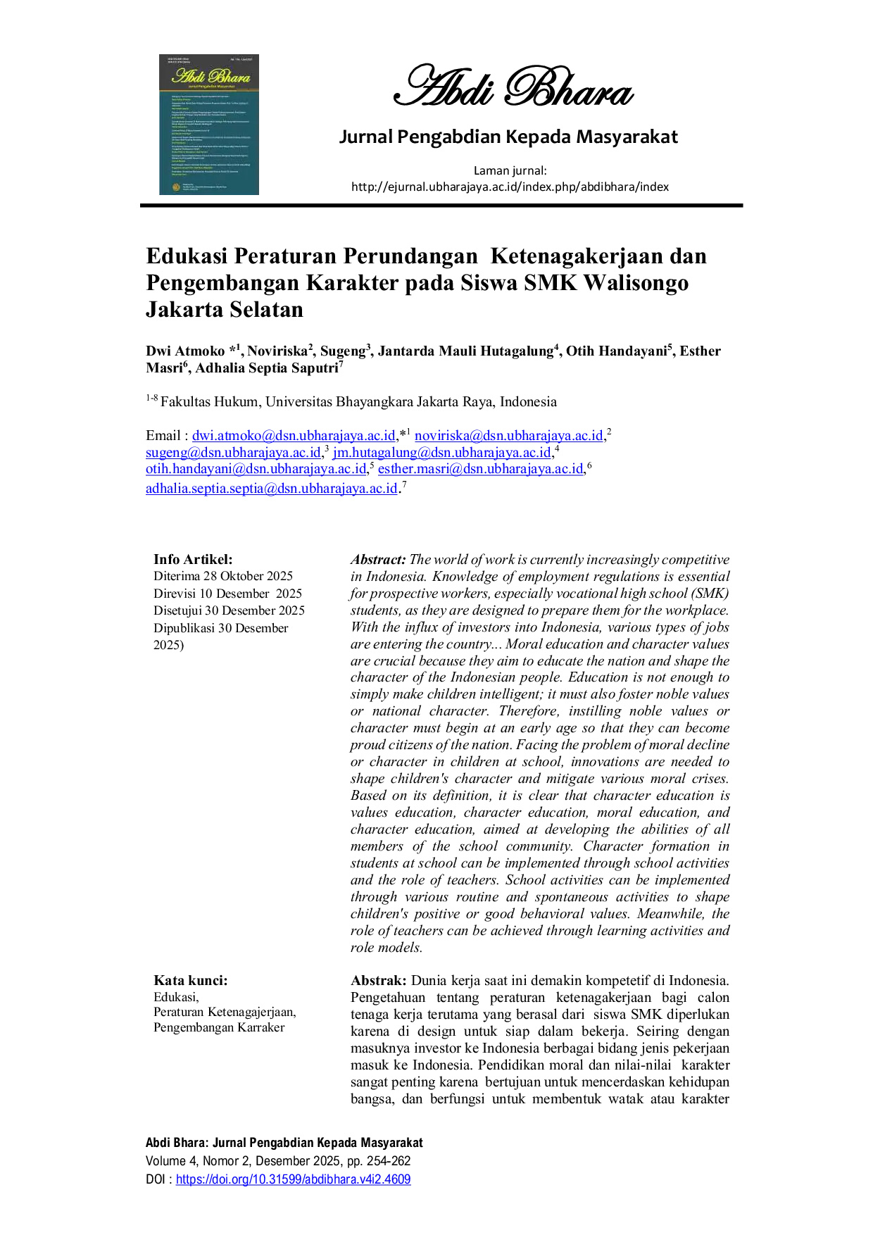 JURIS Edukasi Peraturan Perundangan Ketenagakerjaan dan Pengembangan Karakter pada Siswa SMK Walisongo Jakarta Selatan