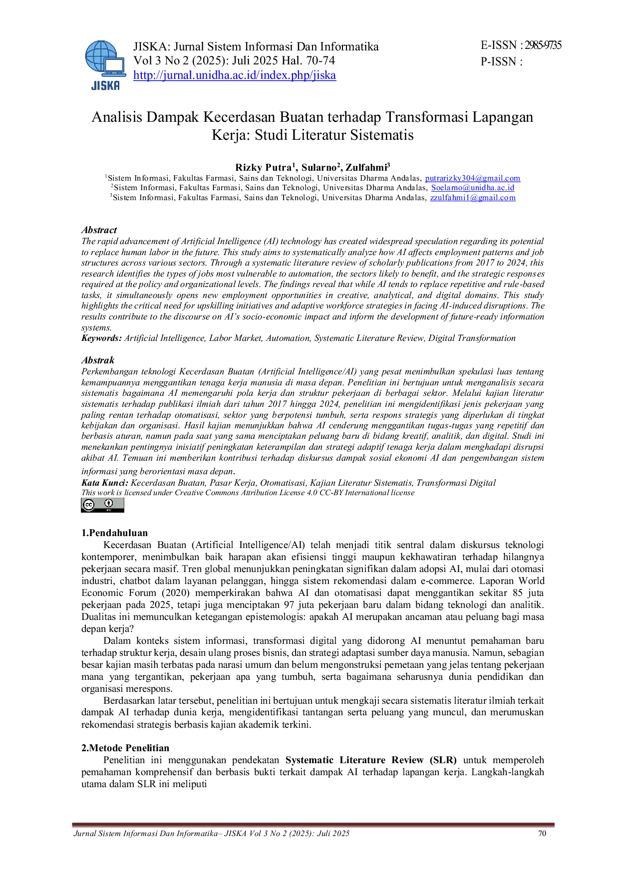 JURIS Analisis Dampak Kecerdasan Buatan terhadap Transformasi Lapangan Kerja Studi Literatur Sistematis