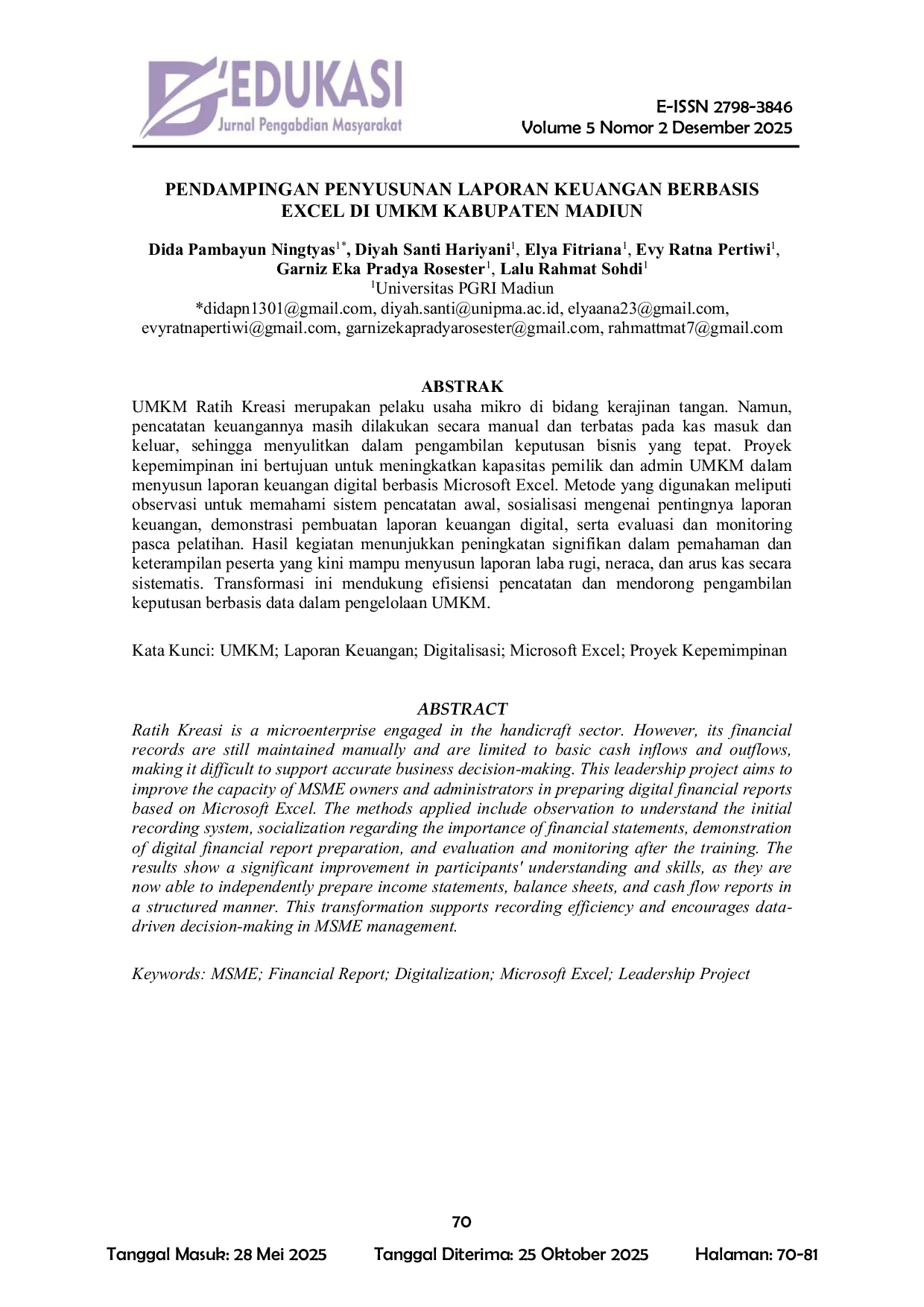 JURIS Pendampingan Penyusunan Laporan Keuangan Berbasis Excel di UMKM Kabupaten Madiun