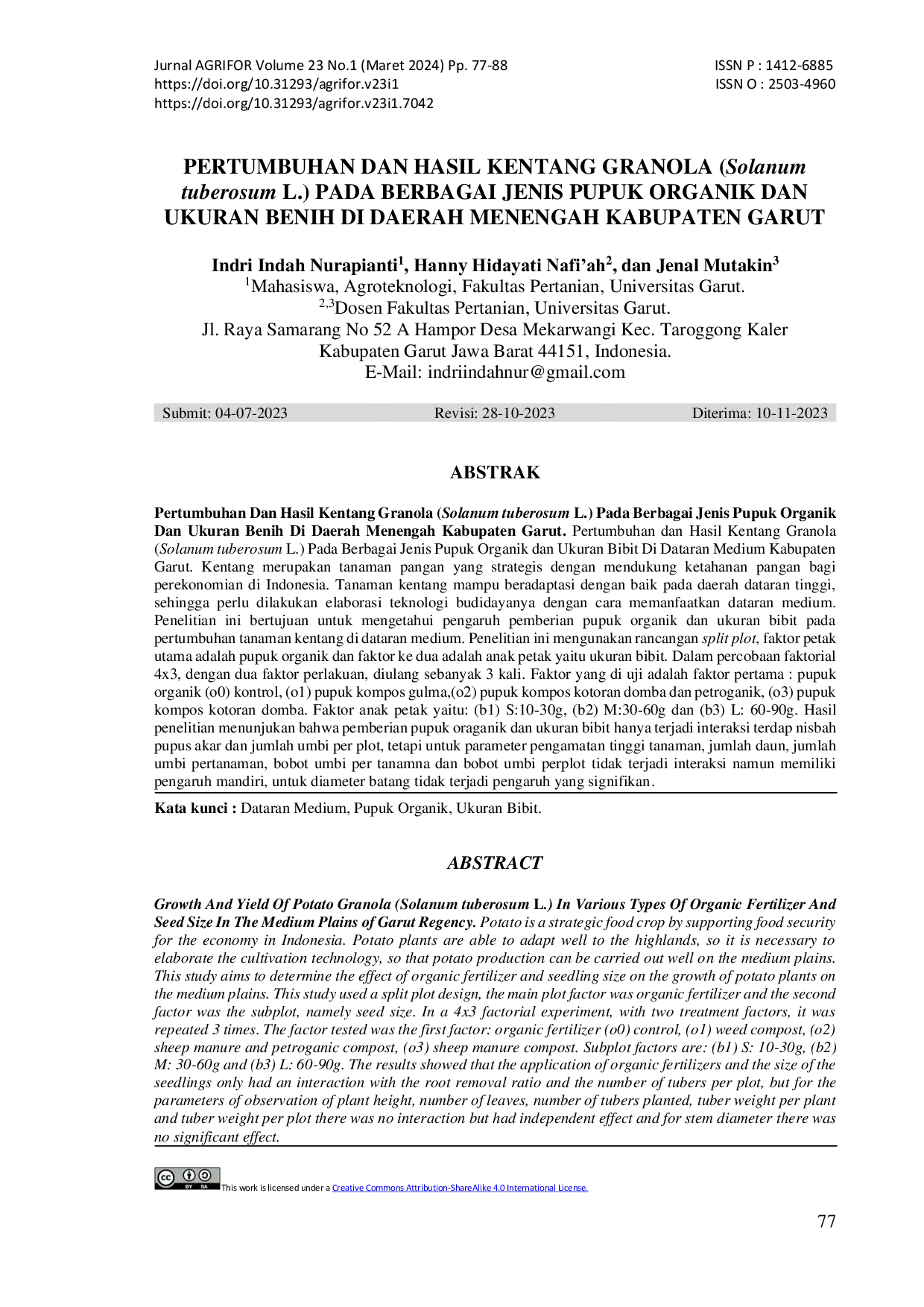 JURIS PERTUMBUHAN DAN HASIL KENTANG GRANOLA Solanum tuberosum L PADA BERBAGAI JENIS PUPUK ORGANIK DAN UKURAN BIBIT DI DATARAN MEDIUM KABUPATEN GARUT
