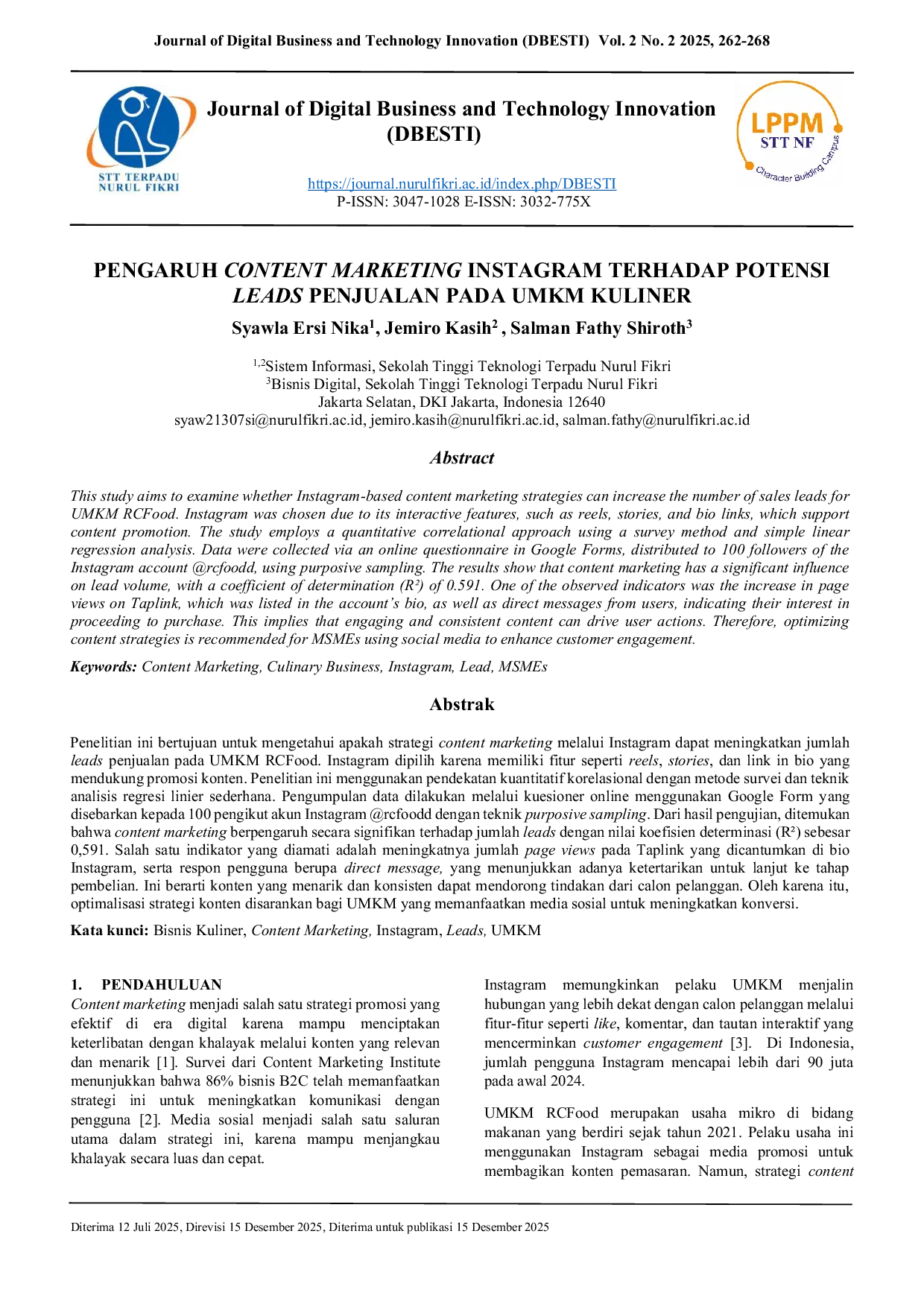 JURIS Pengaruh Content Marketing Instagram terhadap Potensi Leads Penjualan pada UMKM Kuliner