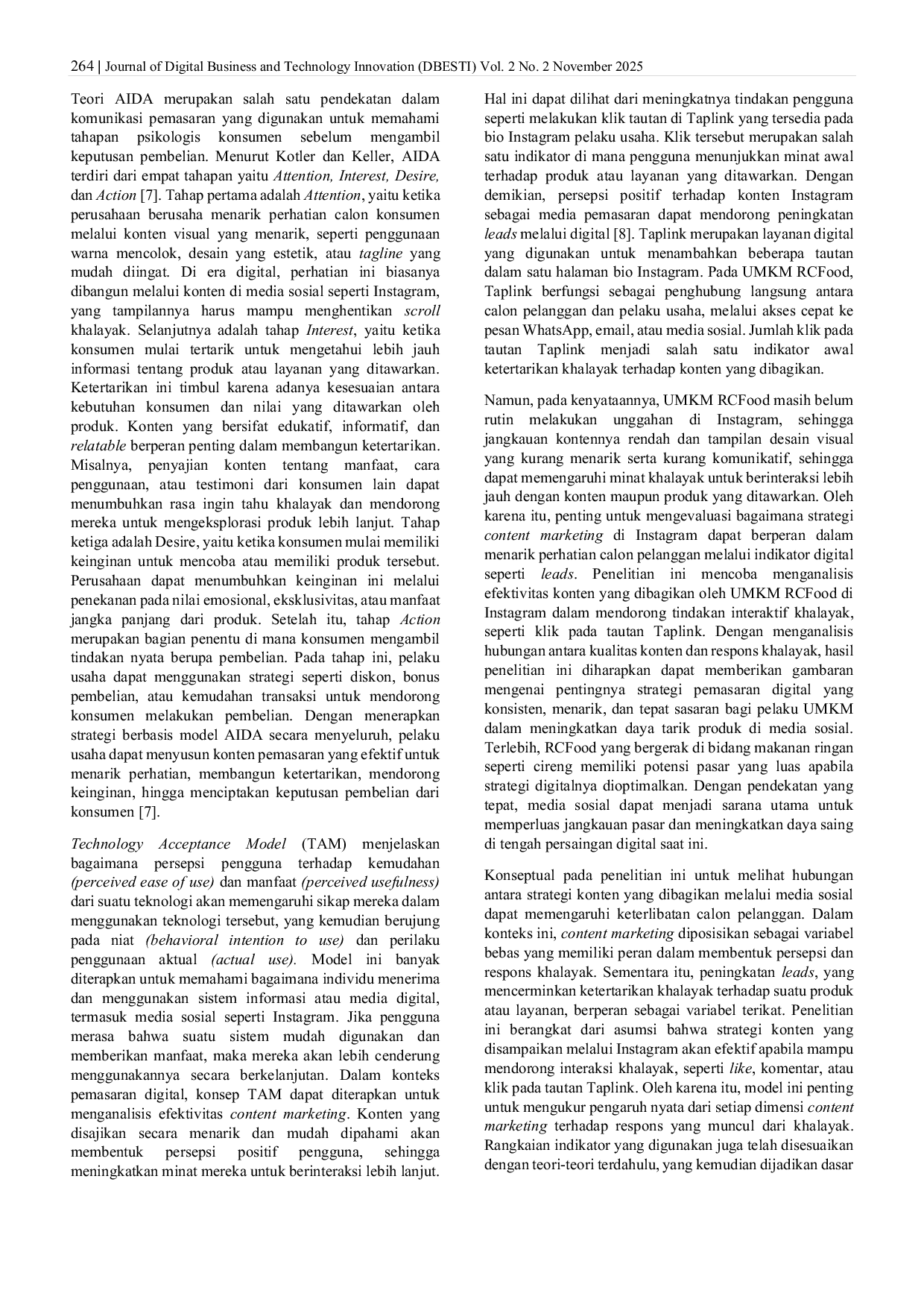 JURIS Pengaruh Content Marketing Instagram terhadap Potensi Leads Penjualan pada UMKM Kuliner